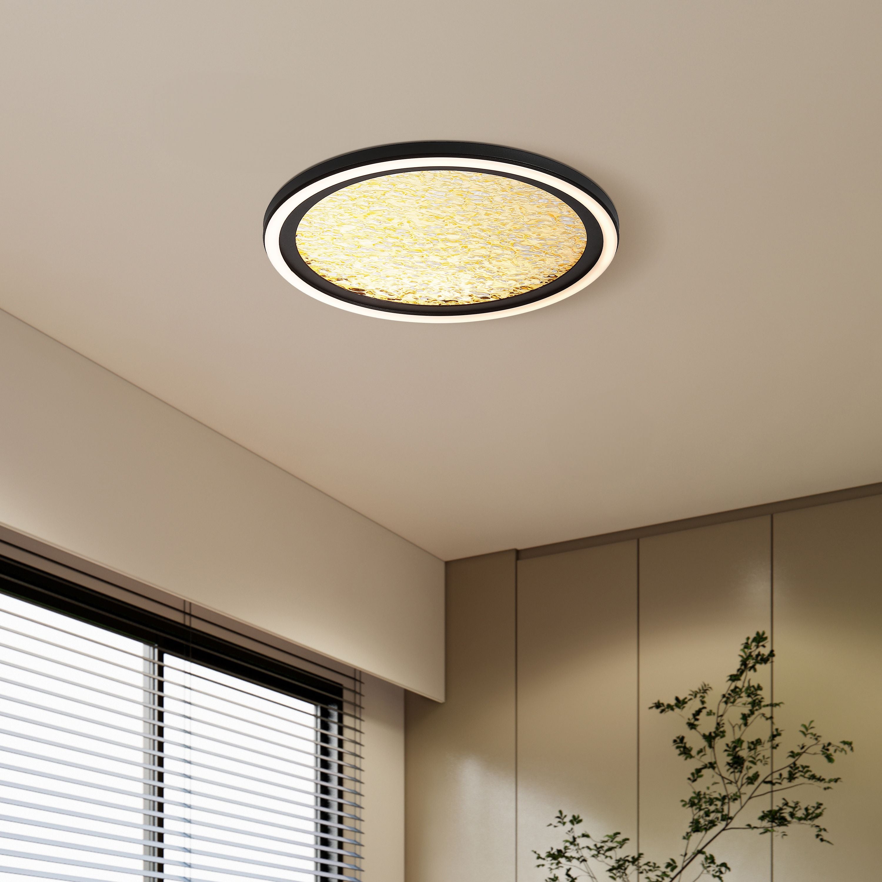 Searchlight Luna LED flush ceiling light installed on a ceiling near a window with blinds, lit