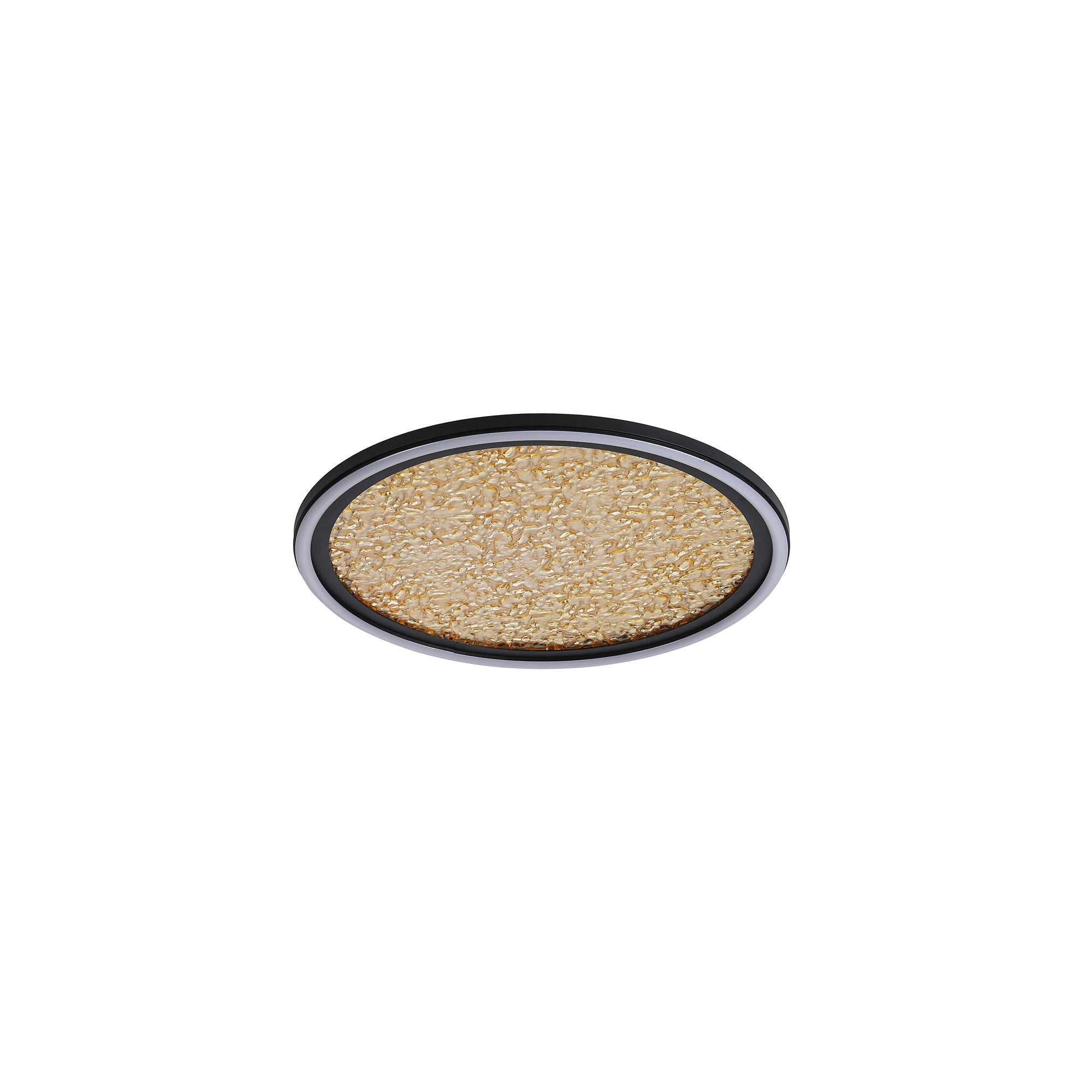 Searchlight Luna LED flush ceiling light in black and gold, front on studio shot of the round diffuser lit up