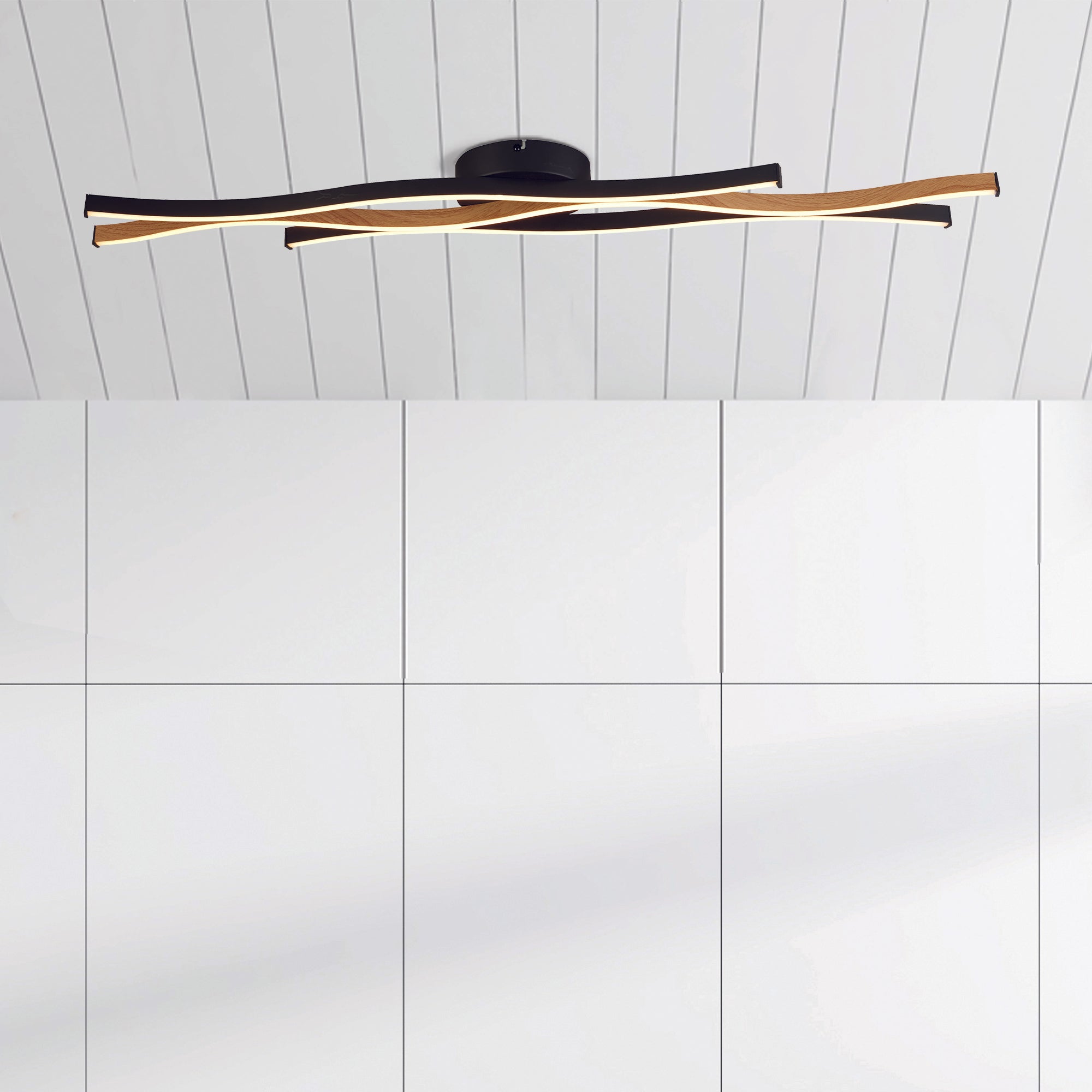 Searchlight Belmont Swirl LED Flush Ceiling Light - Black With Wood Effect