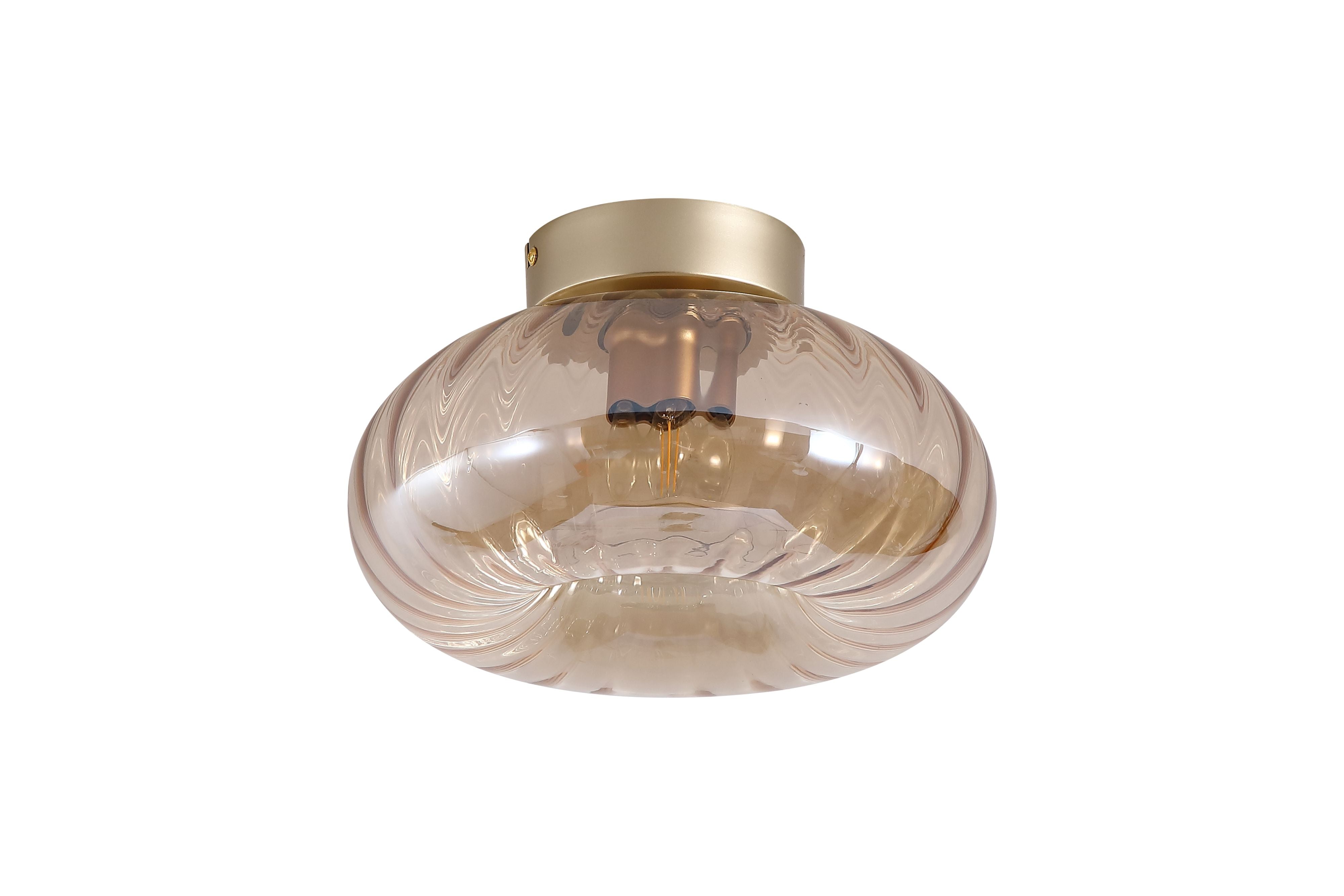 Searchlight Celestial flush ceiling light in gold with amber glass, side on studio view showing the gold ceiling plate and ribbed glass shade