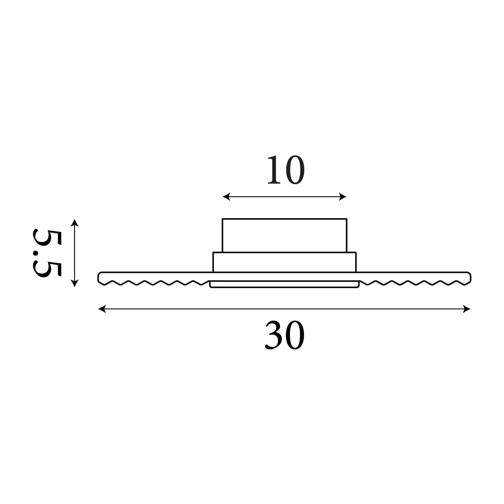 Technical line drawing of the Cleo wall light showing a 30cm diameter, 10cm projection and 5.5cm centre disc height