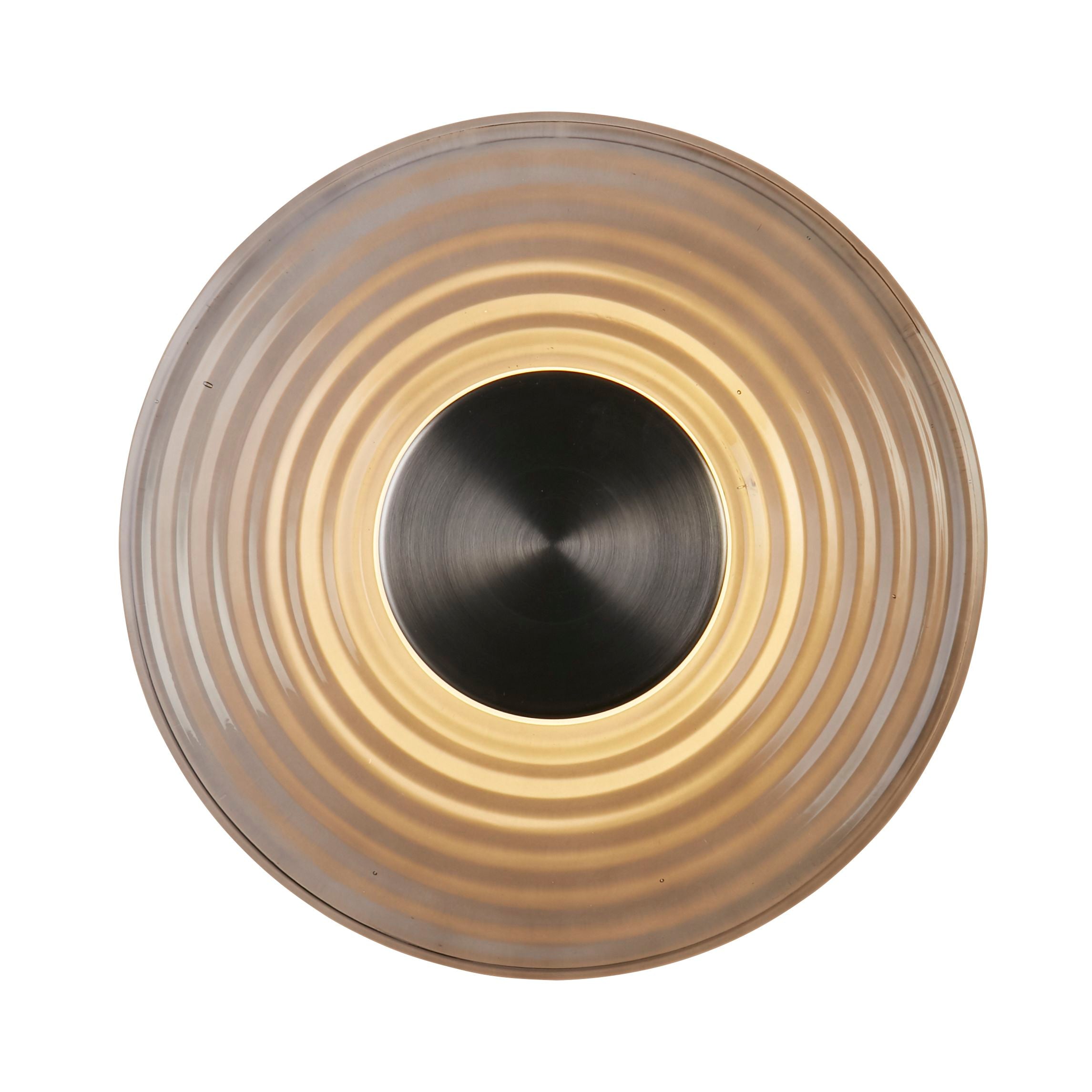 Searchlight Cleo LED wall light in satin nickel and grey glass, front view of the ridged glass shade, unlit, on a white studio background