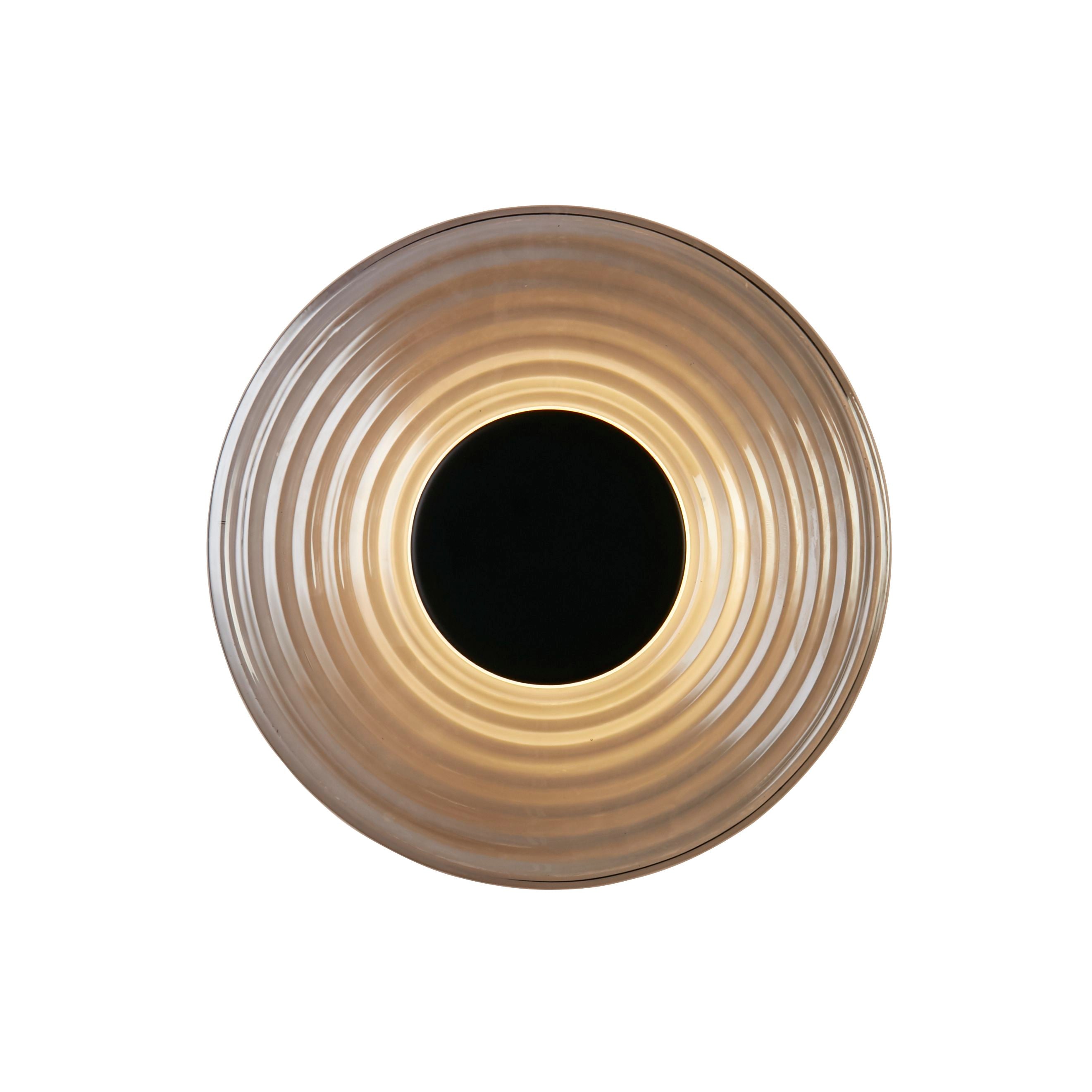 Searchlight Cleo LED wall light in matt black and smoked glass, front view of the ridged glass shade, unlit, on a white studio background