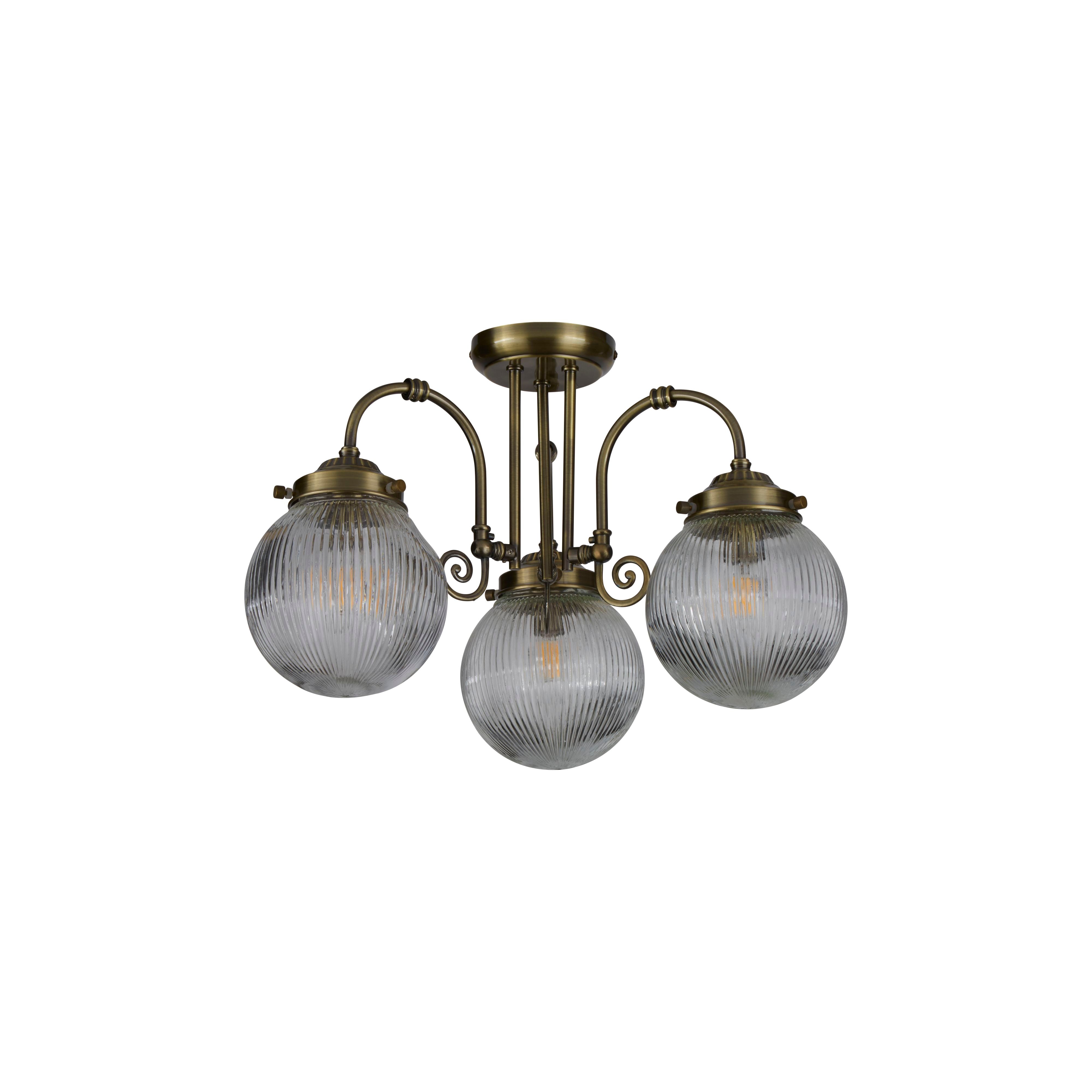 Searchlight Belvue 3 light flush ceiling light in antique brass, studio shot from a slightly different angle showing the scrolled arm detail