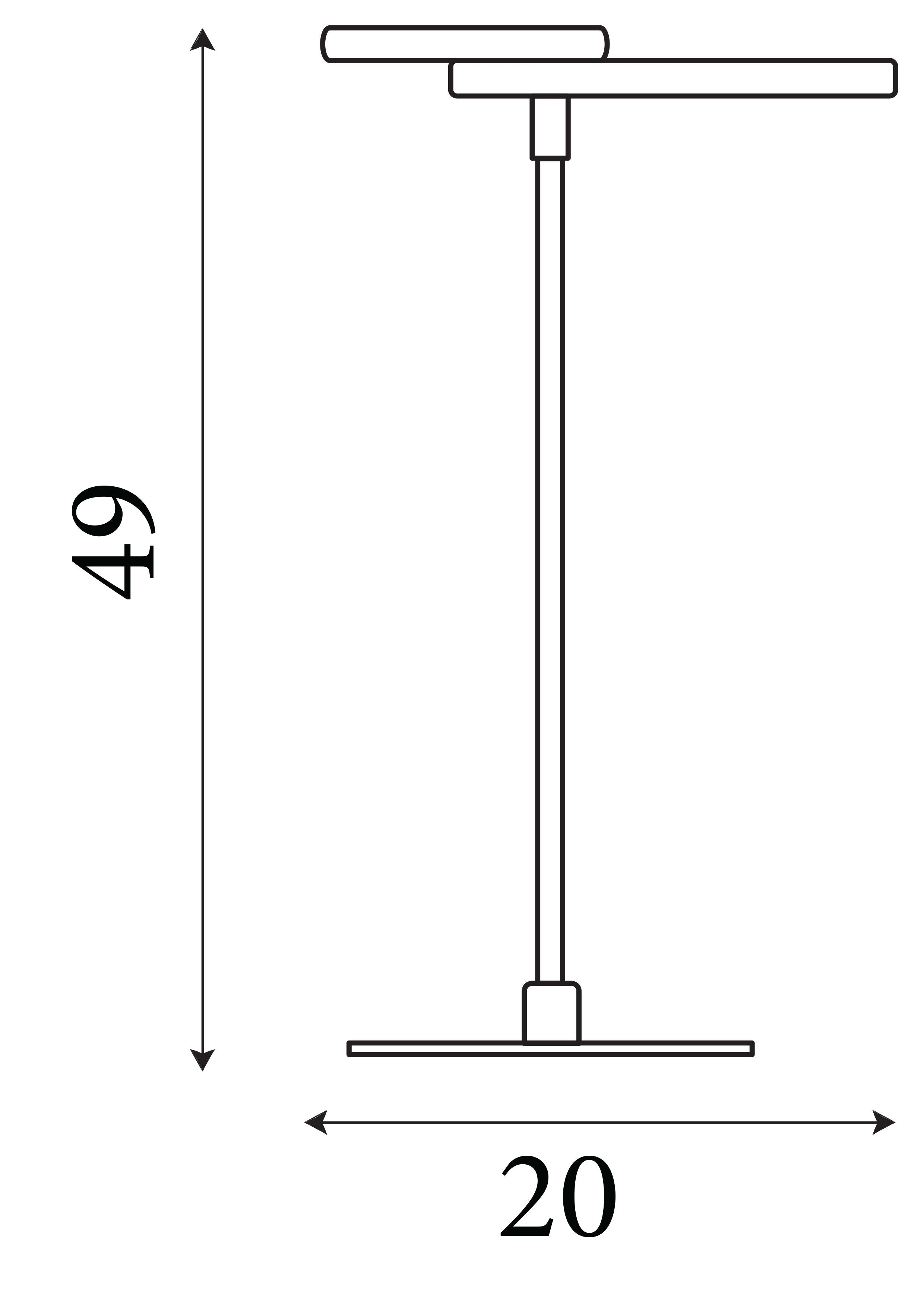 Technical line drawing of the Space table lamp showing an overall height of 49cm and a base width of 20cm