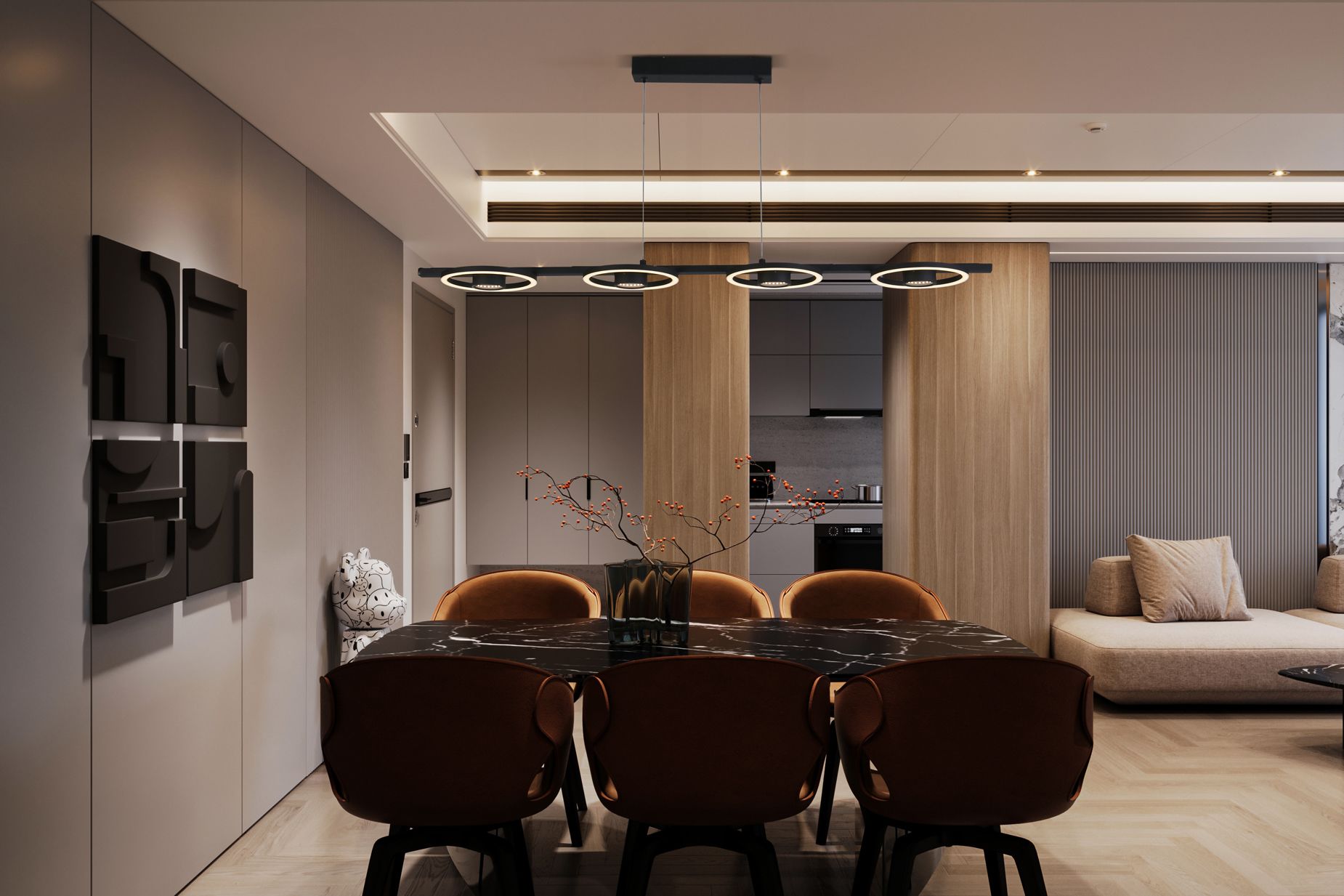 Searchlight Space 4 Light LED Bar Pendant styled above a dark marble dining table with orange upholstered chairs