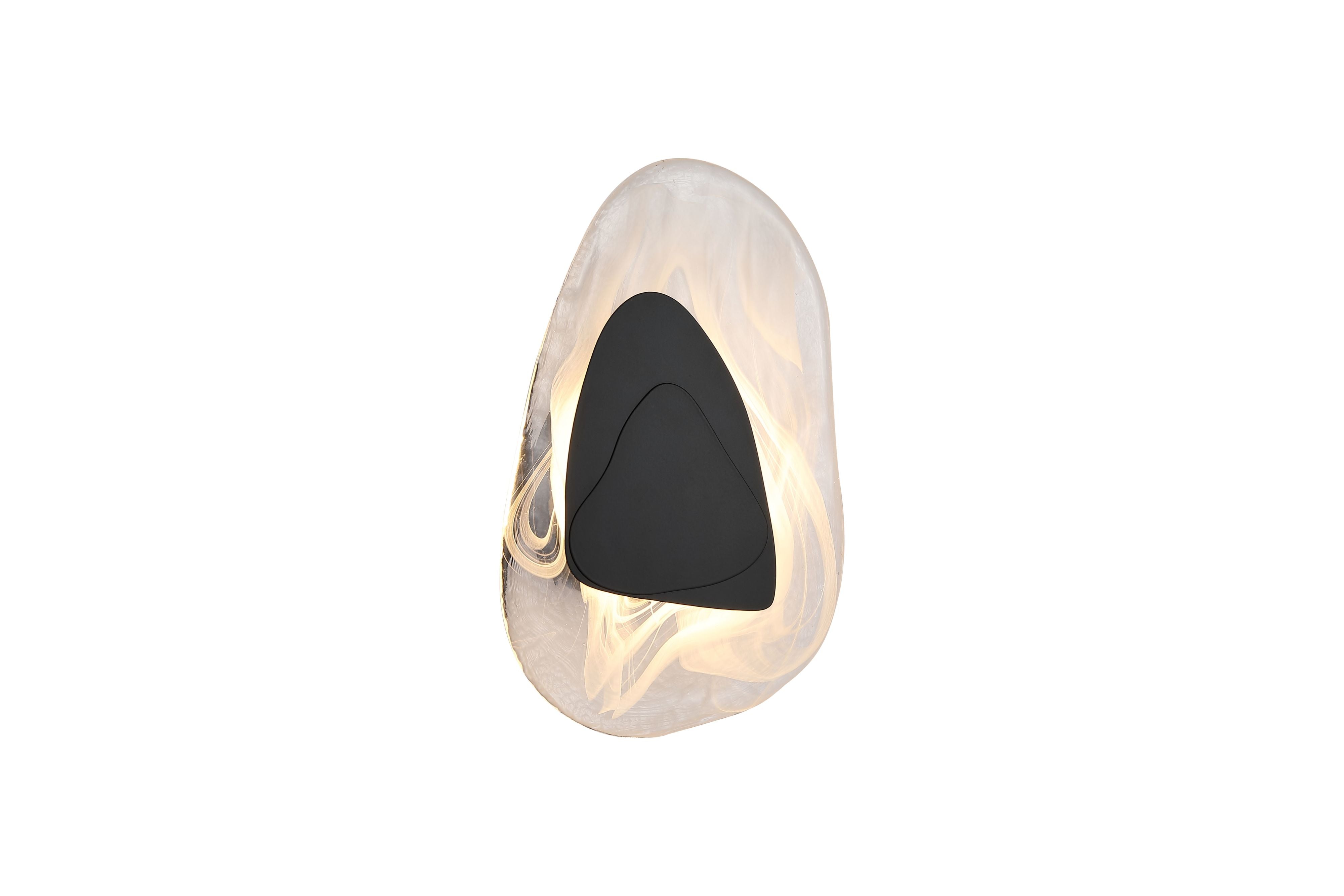 Searchlight Destiny LED wall light in matt black, pebble shaped textured glass shade lit from behind with a triangular black accent plate