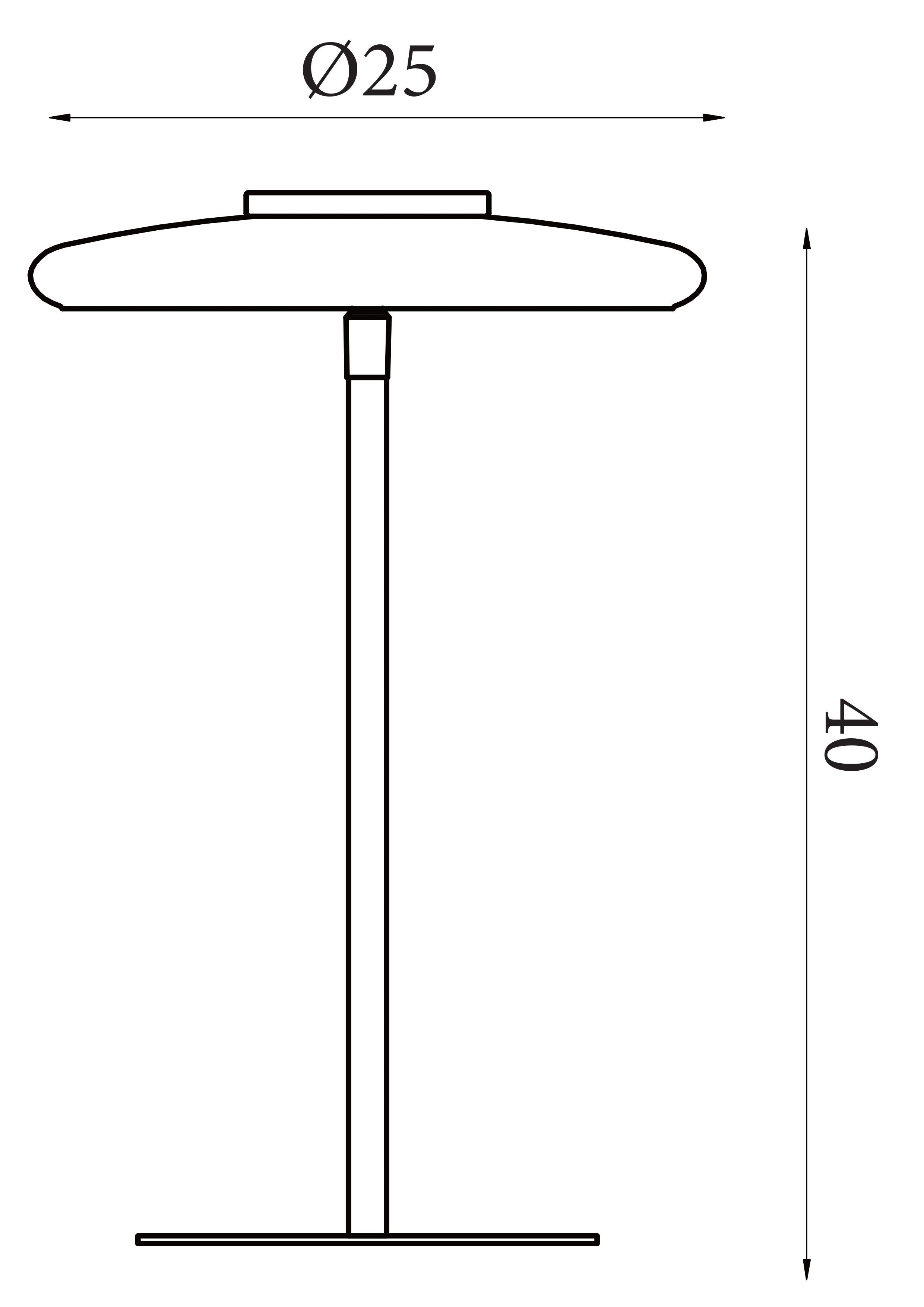 Line drawing of the Record table lamp showing dimensions of 40cm height and 25cm shade diameter