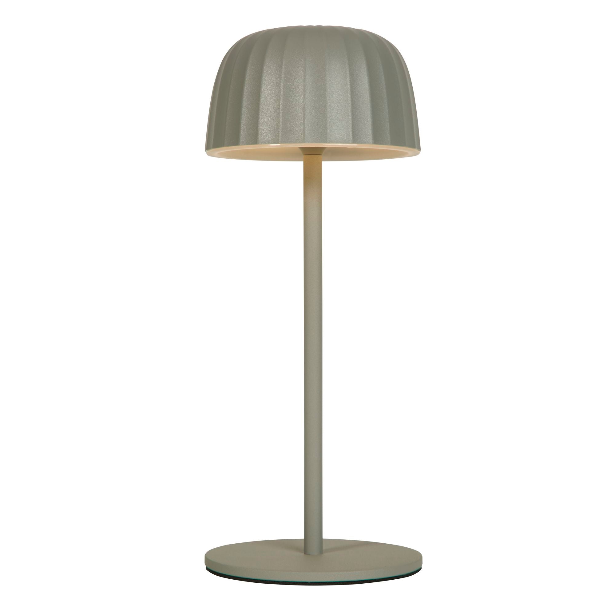 Searchlight Ezra rechargeable table lamp in matt grey steel, front view on a white background with the ribbed dome shade lit