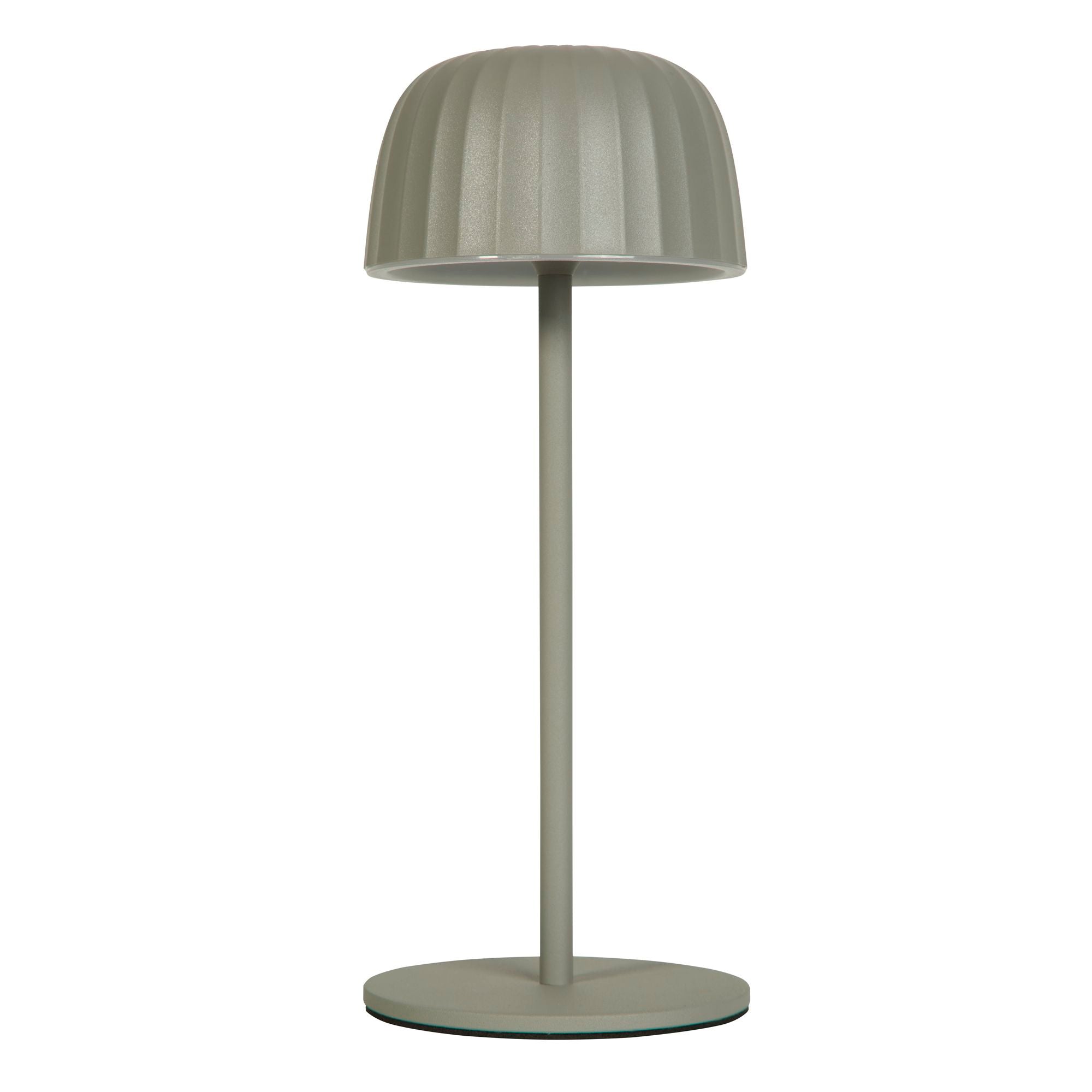 Searchlight Ezra rechargeable table lamp in matt grey steel, three quarter angle view on a white background with the ribbed dome shade lit