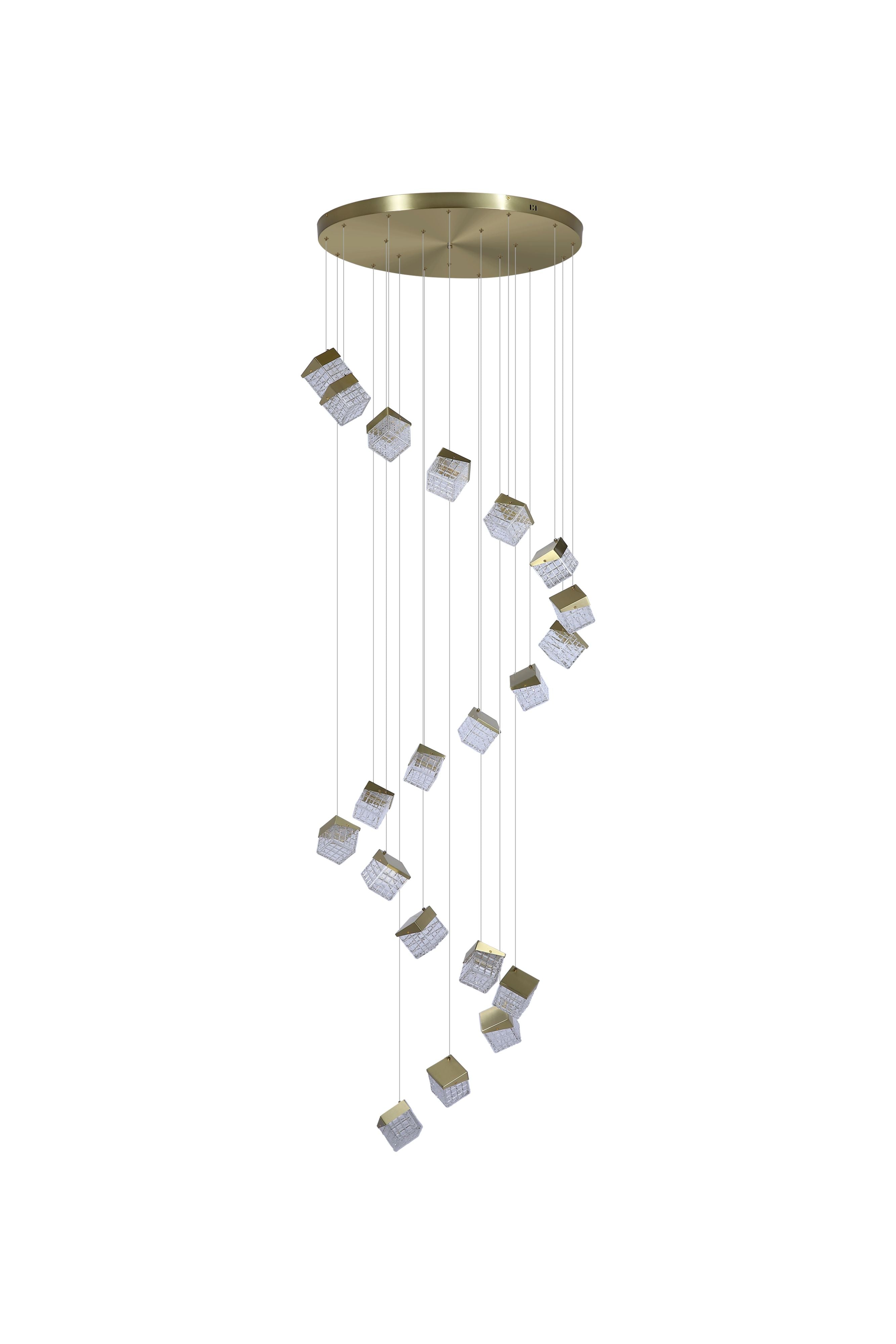 Searchlight Cuboid 20 Light LED Multi Drop Pendant in satin brass, alternate angle studio shot of the cascading spiral of acrylic cubes