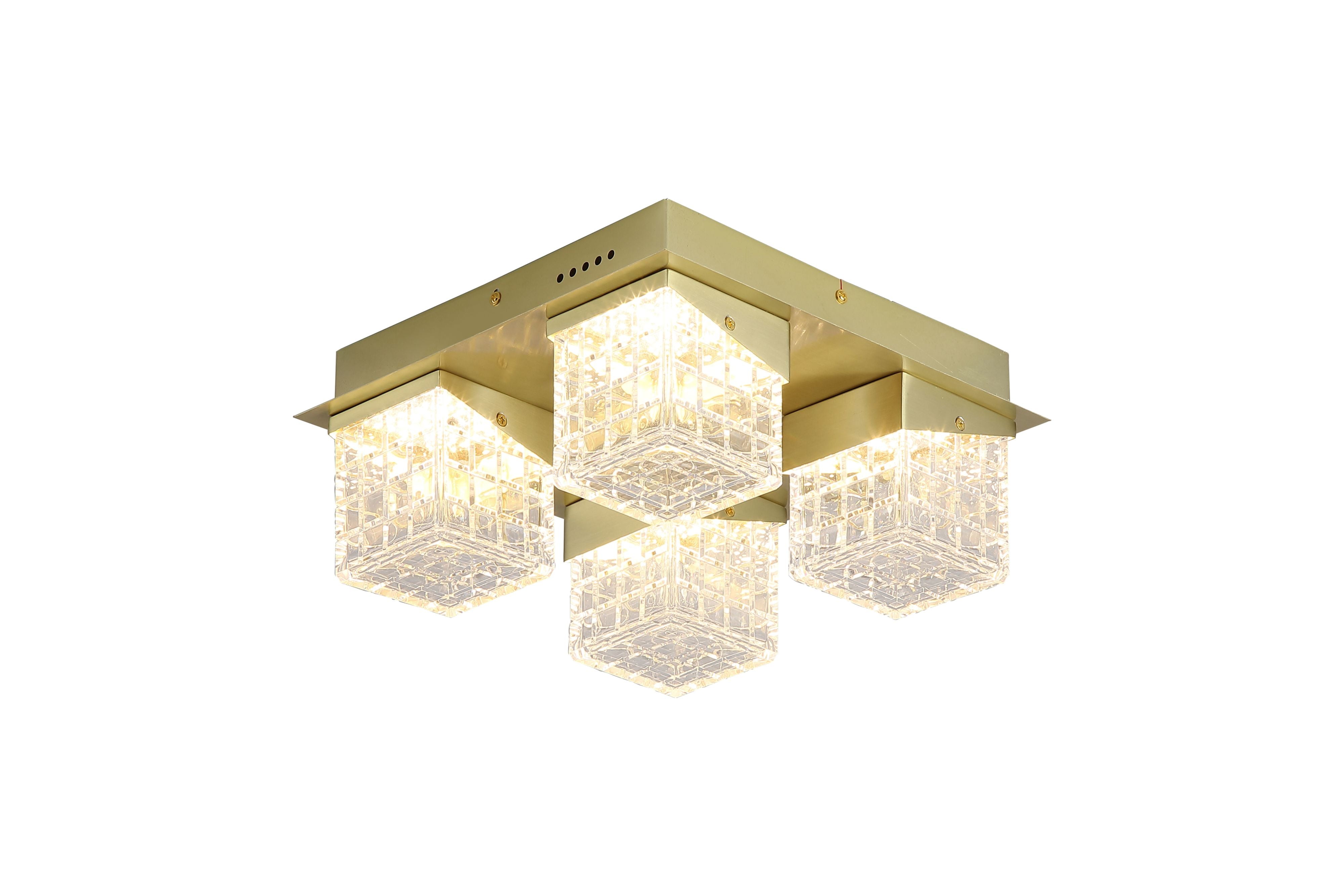 Searchlight Cuboid 4 Light Flush in satin brass, full studio shot of the four acrylic cube diffusers, lit