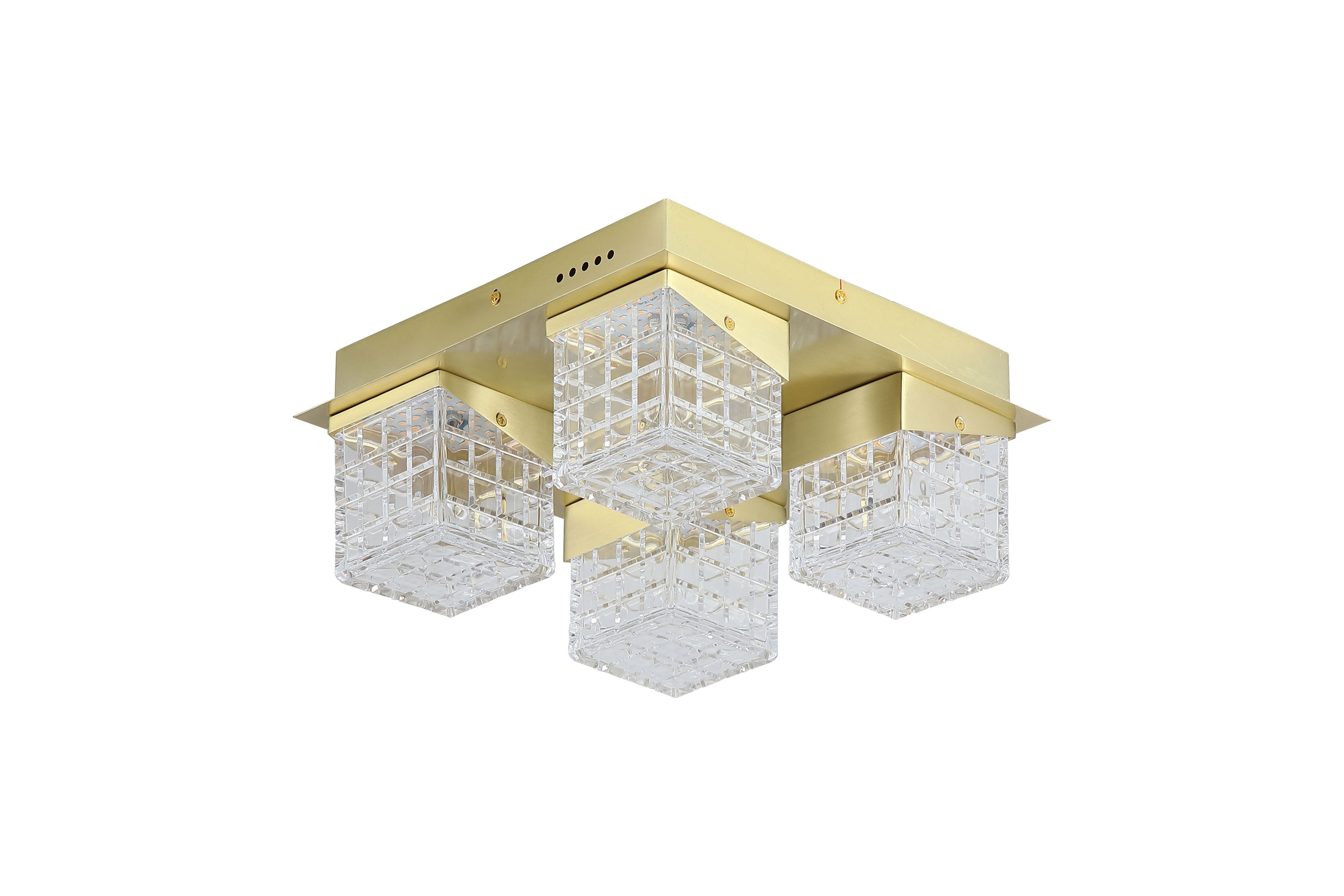 Searchlight Cuboid 4 Light Flush in satin brass, alternate angle studio shot of the four acrylic cube diffusers