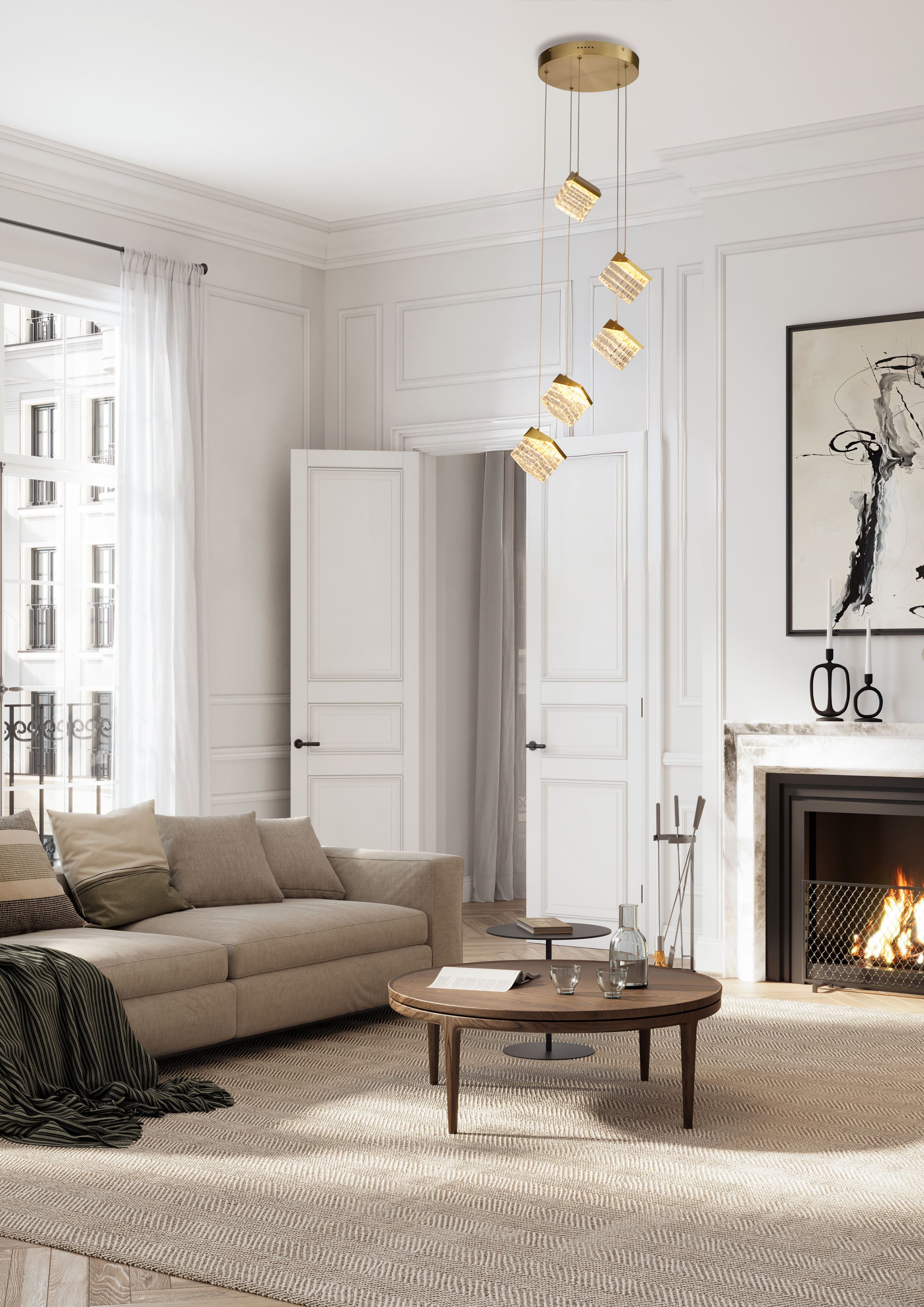 Searchlight Cuboid 5 Light LED Multi Drop Pendant in satin brass styled above a coffee table in a pale, panelled living room with a sofa and marble fireplace