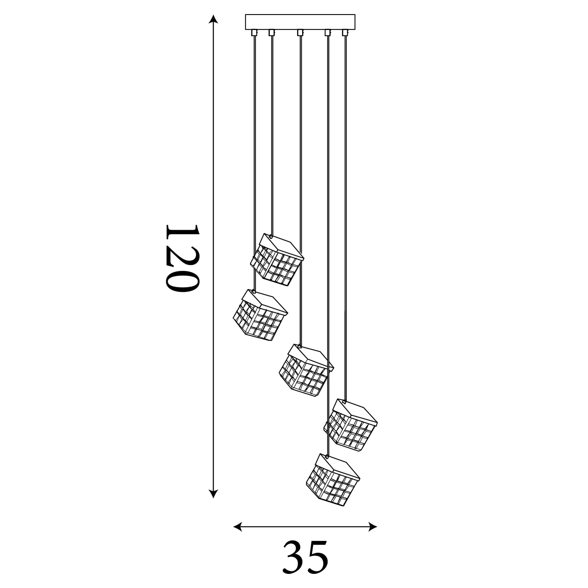 Technical line drawing of the Searchlight Cuboid 5 Light LED Multi Drop Pendant showing a total height of 120cm and a width of 35cm