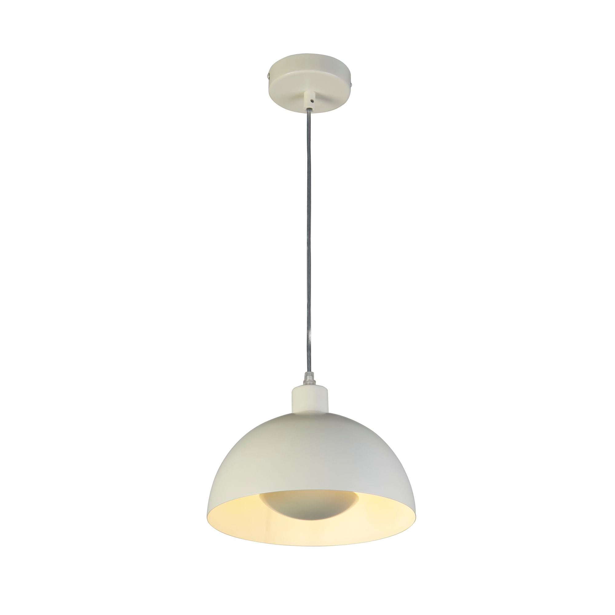 Searchlight Mars pendant in matt cream metal with a pale gold inner, full length studio shot showing the larger 40cm dome shade on a silver grey cord