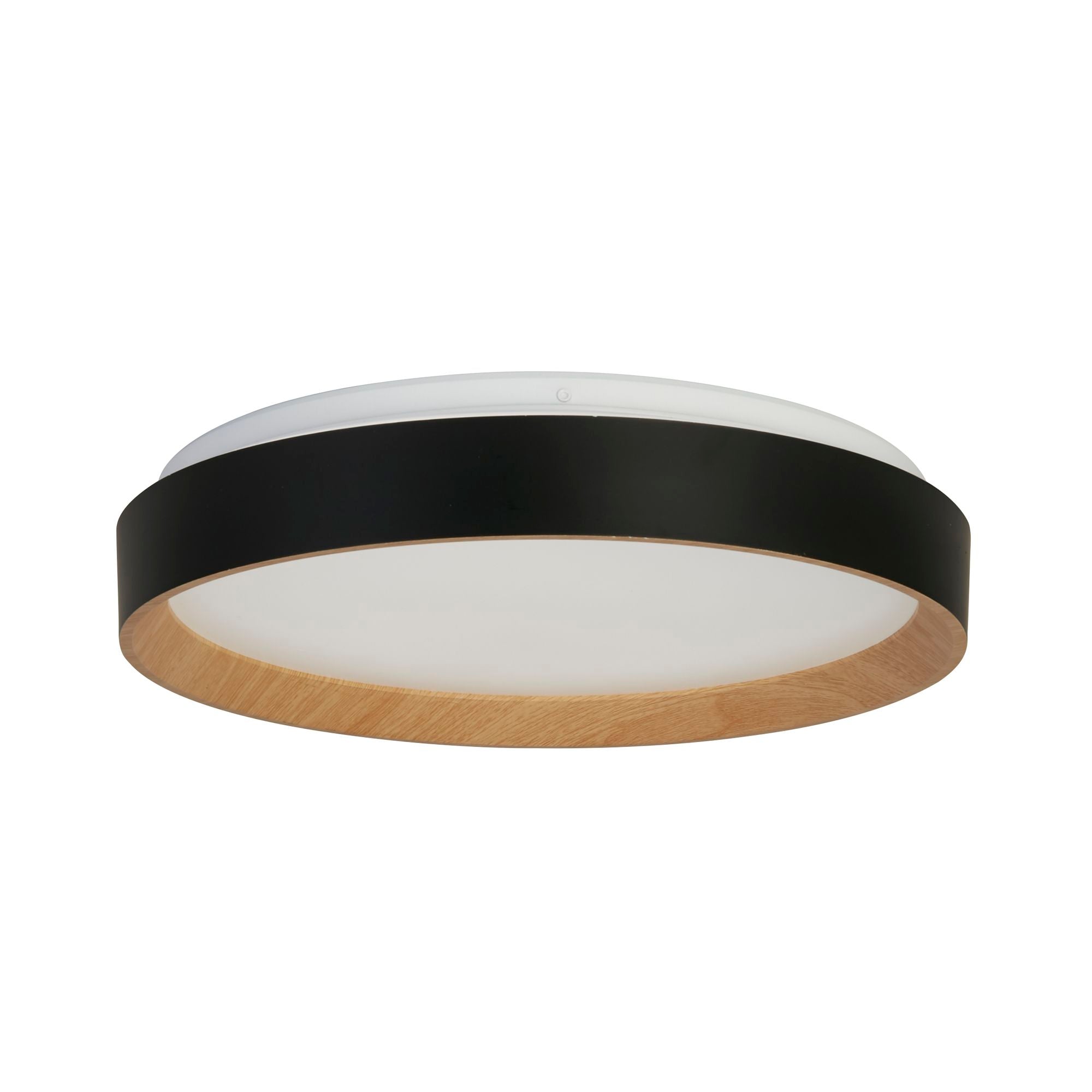 Searchlight Sorrento LED flush ceiling light in black, alternate angle showing the wood effect trim and diffuser