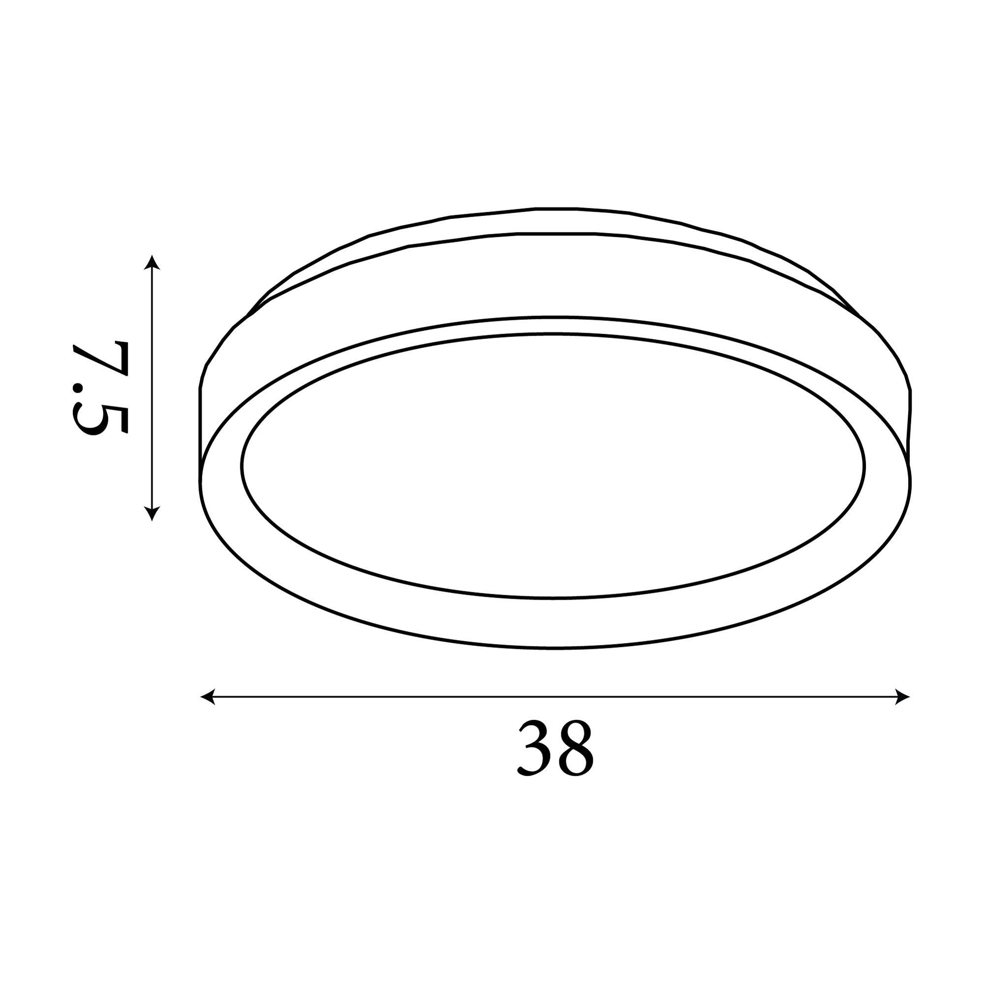 Technical drawing of the Sorrento LED flush ceiling light showing dimensions of 38cm diameter and 7.5cm height