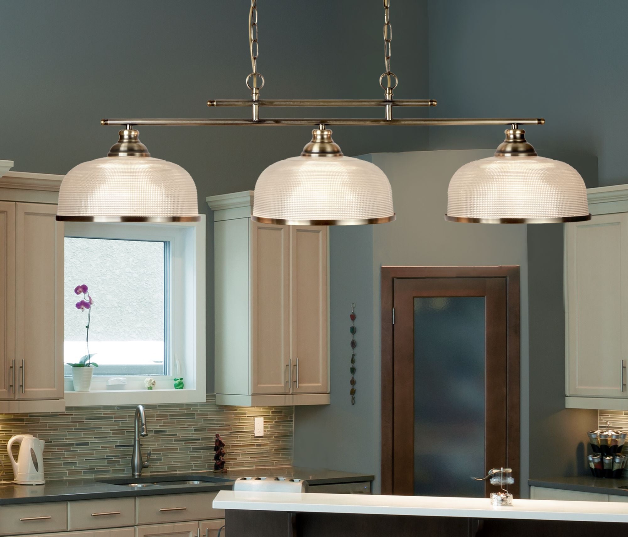 Searchlight Beech II 3 Light Ceiling Bar - Antique Brass & Holophane Glass