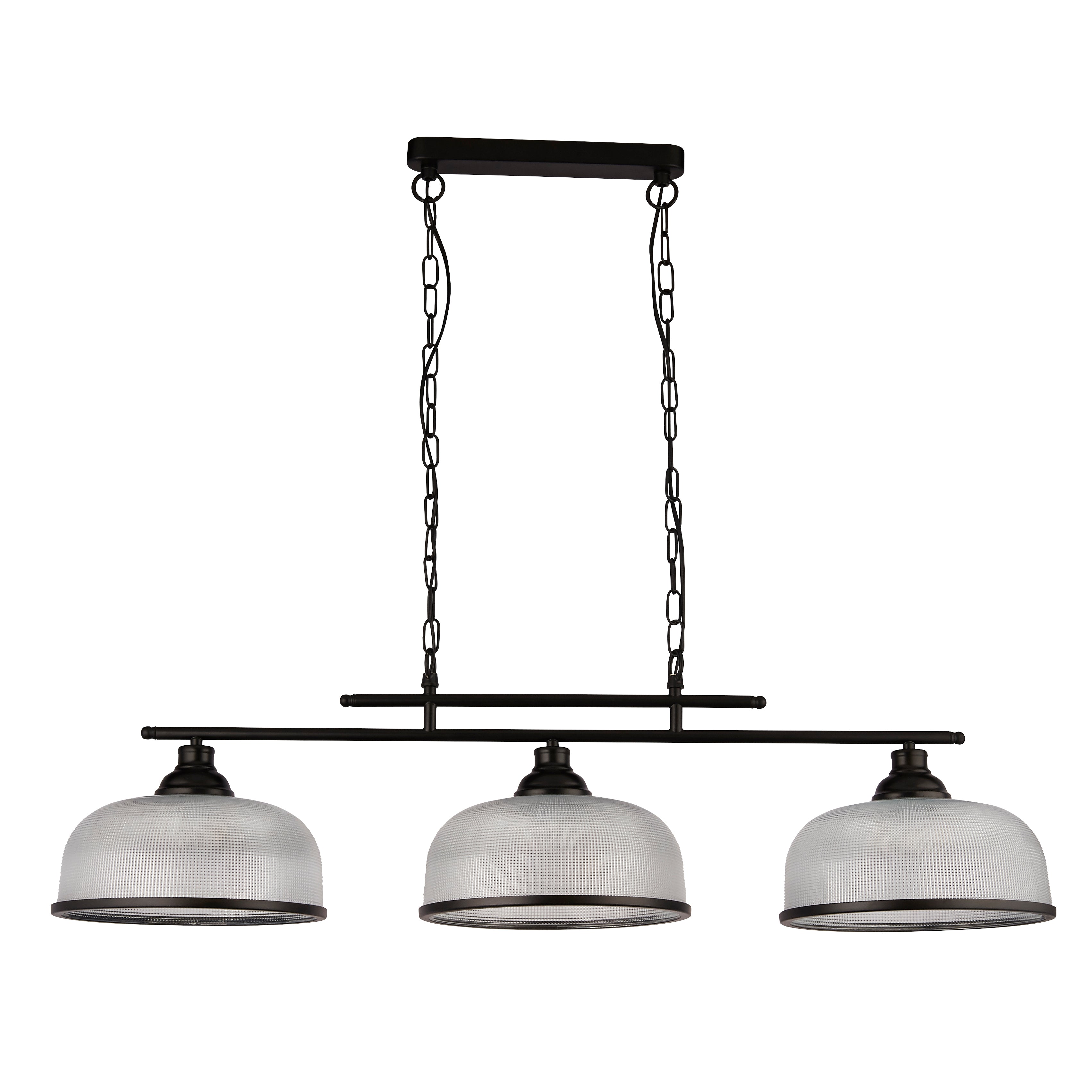 Searchlight Handel Linear 3 Light Pendant - Black Metal & Holophane Style Glass