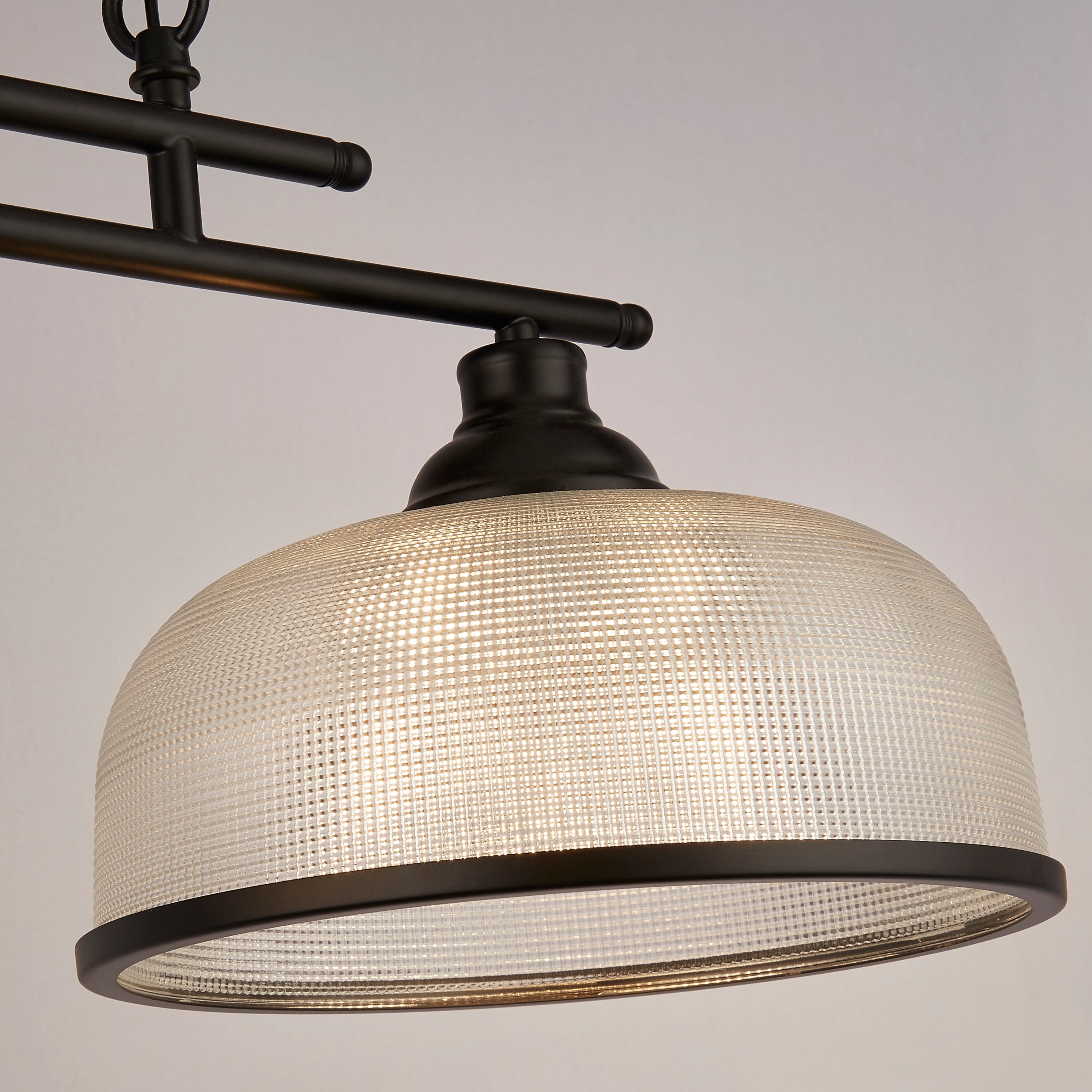 Searchlight Handel Linear 3 Light Pendant - Black Metal & Holophane Style Glass