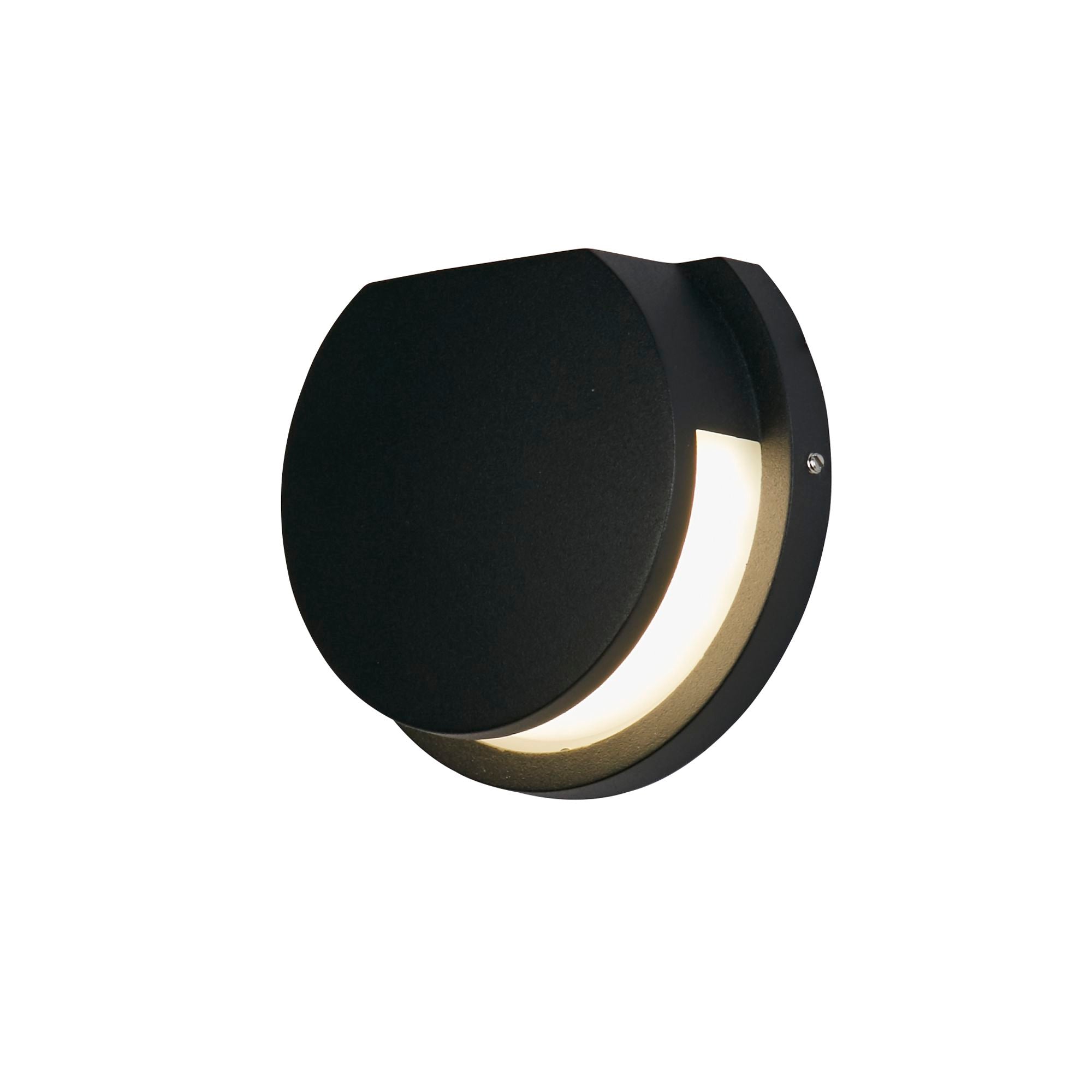 Searchlight Chiswick LED outdoor wall light in black, angled studio view showing the round disc shape and crescent shaped light strip along the lower edge