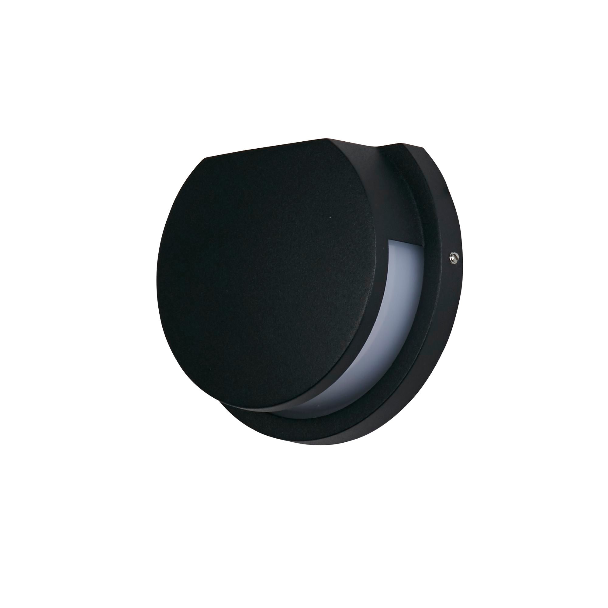 Searchlight Chiswick LED outdoor wall light in black, alternate angled studio view of the matte black aluminium disc and acrylic diffuser