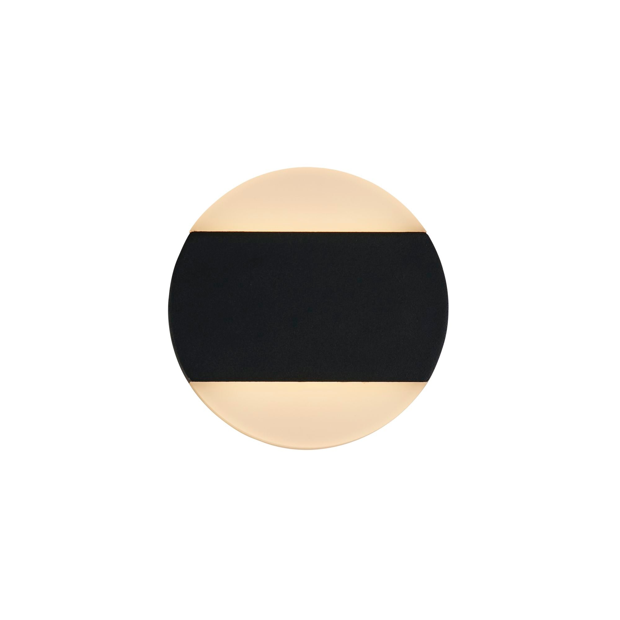 Searchlight Cavern LED outdoor wall light in black, front on studio view, unlit, showing the circular shape with a black band across the middle and opal panels above and below