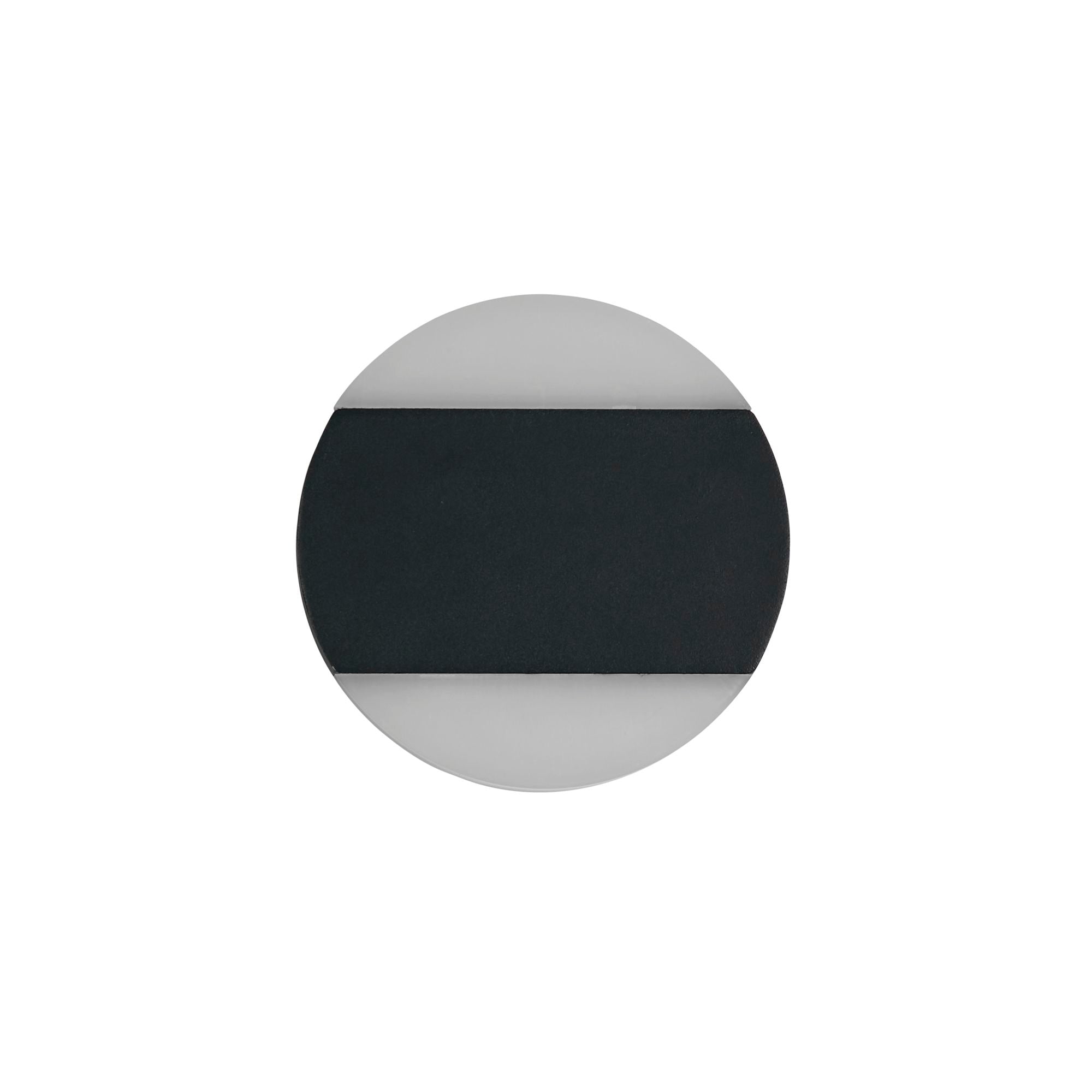 Searchlight Cavern LED outdoor wall light in black, front on studio view, lit warm white through the upper and lower opal panels