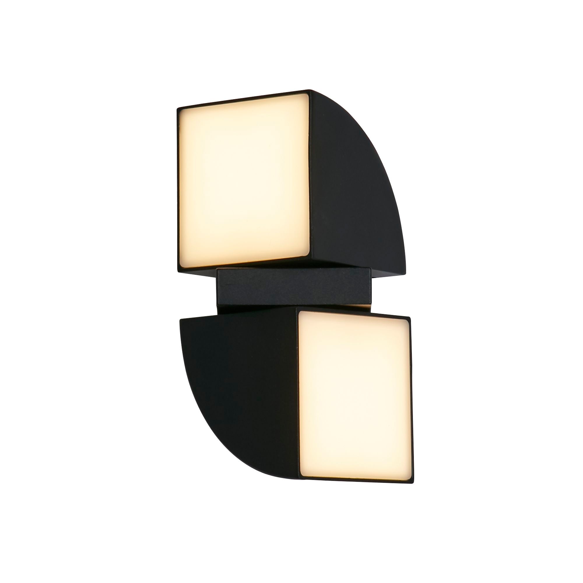 Searchlight Dakota black outdoor wall light shown at an angle with both square lensed heads glowing warm white