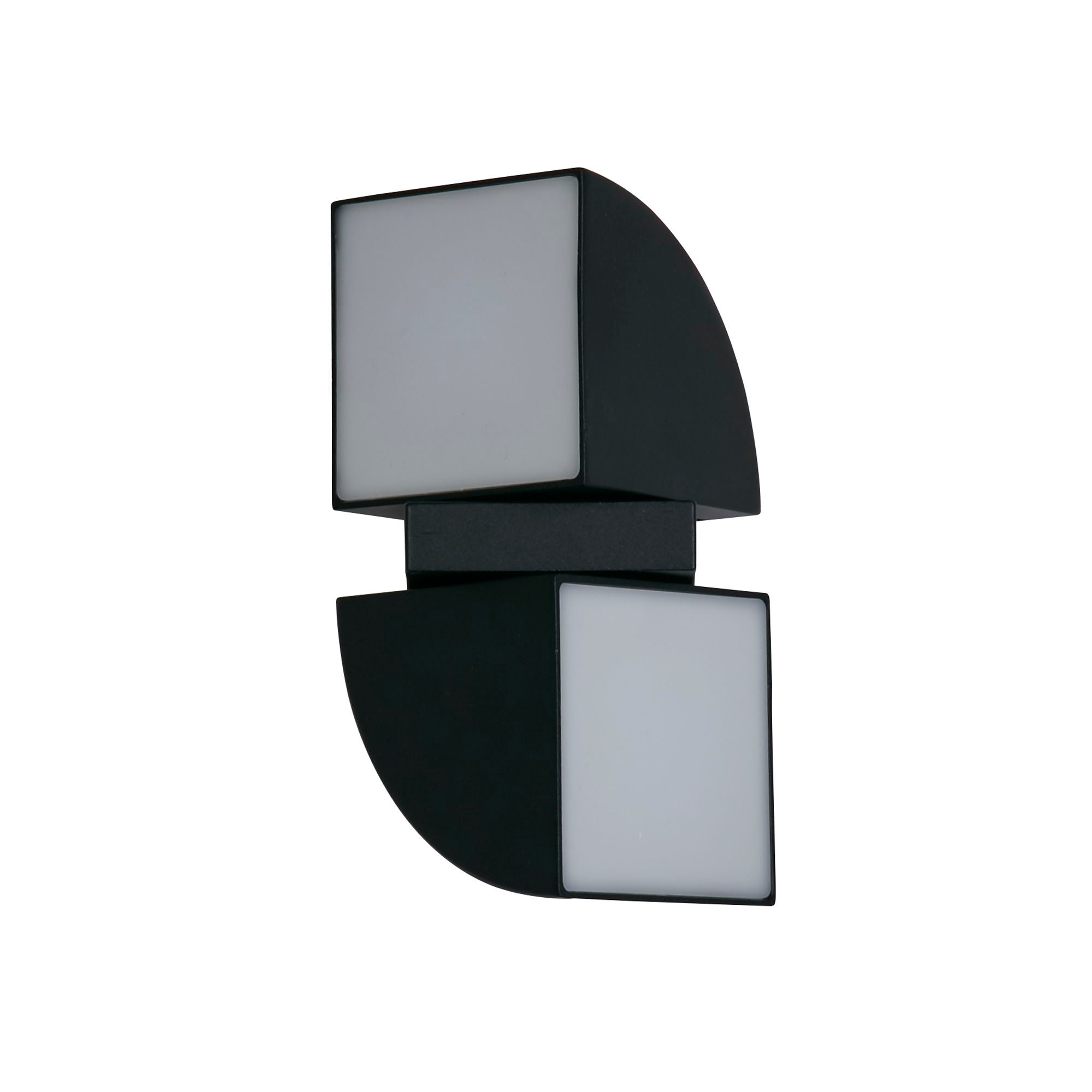 Front view of the Searchlight Dakota black outdoor wall light with the upper and lower heads illuminated