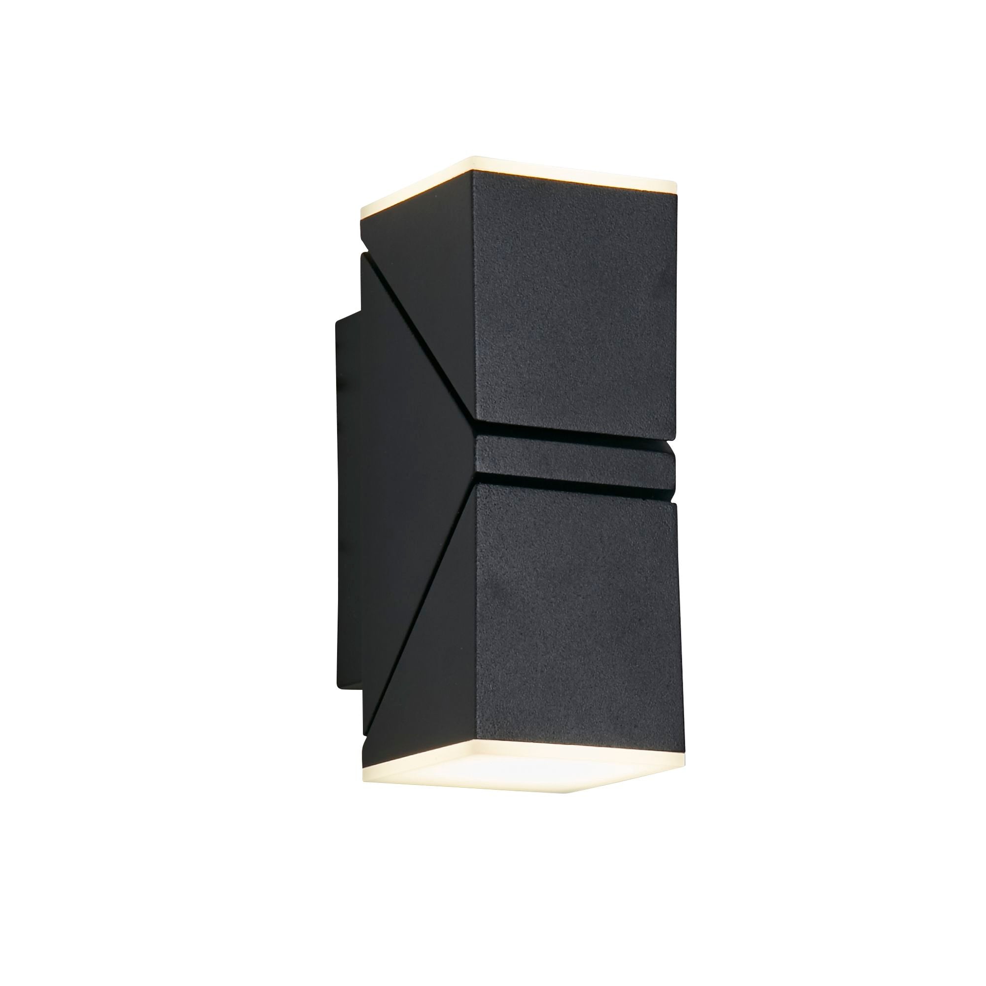 Searchlight Montana black outdoor wall light at an angle, showing its angular two piece design with both ends lit