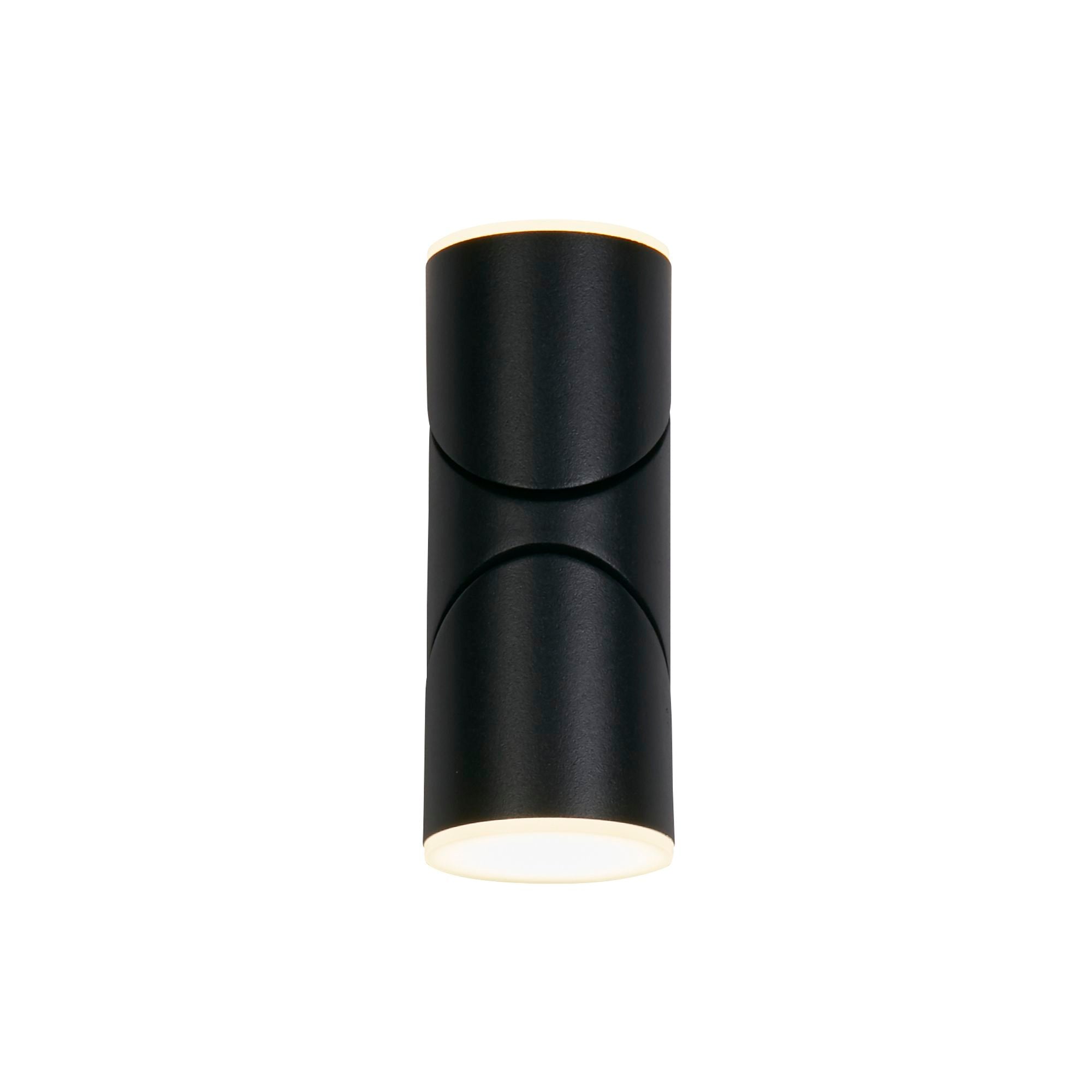 Searchlight Soho black outdoor wall light, a cylindrical tube fixture with both ends glowing warm white