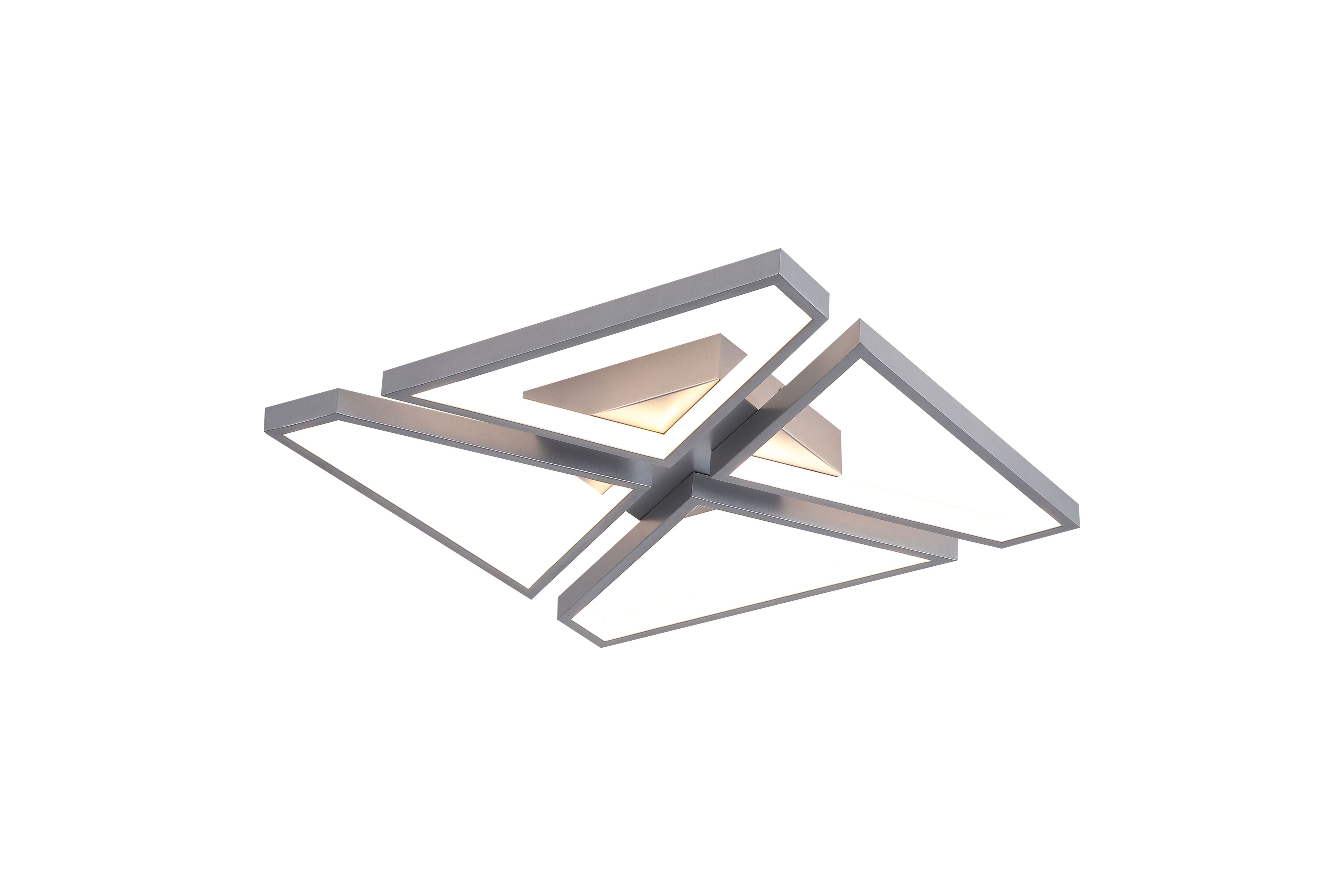 Searchlight Quatro LED Flush ceiling light in satin silver, four pinwheel arranged frames glowing warm white against a plain white background