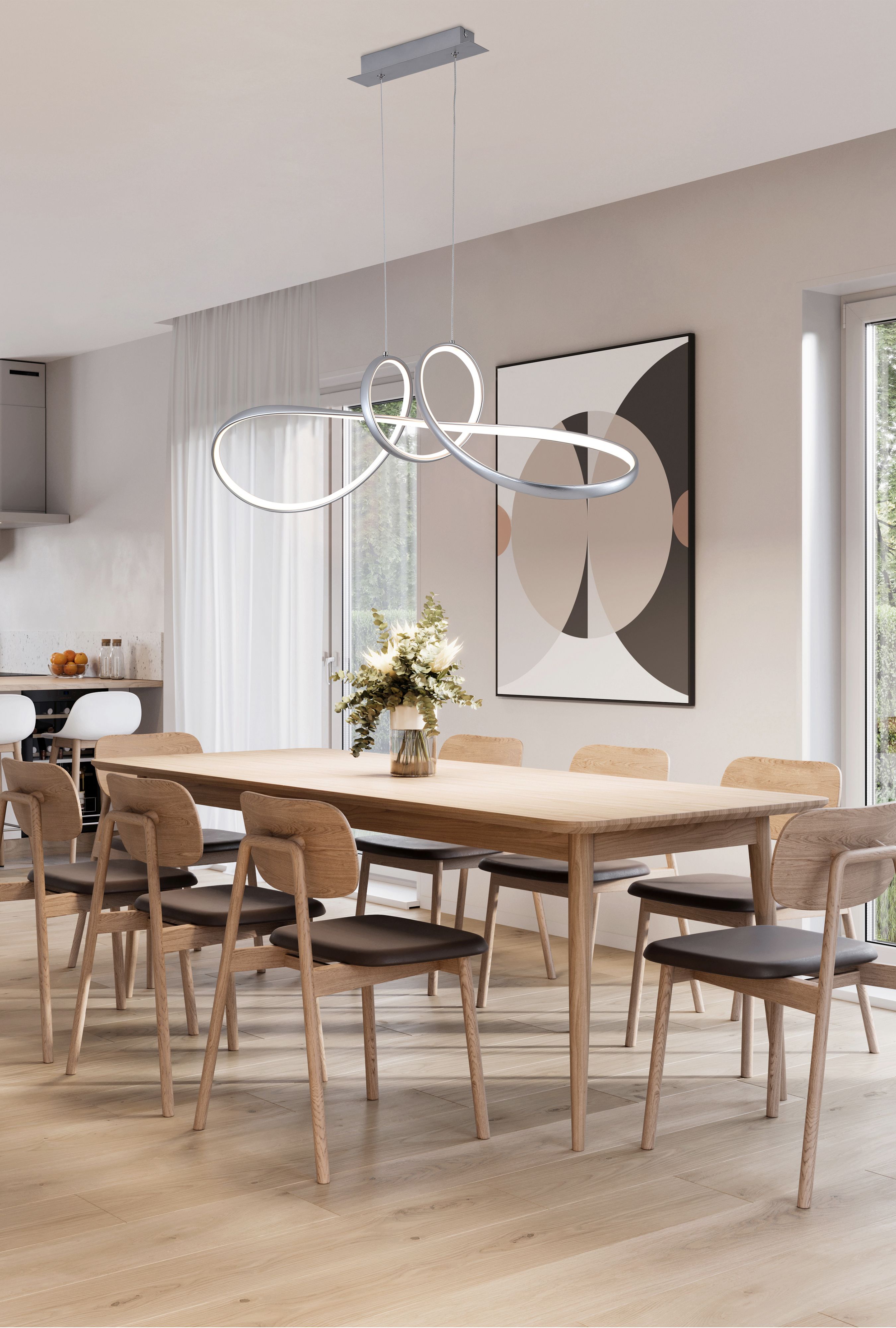 Maisie LED Pendant in grey styled above a wooden dining table with an abstract print and floor to ceiling windows behind