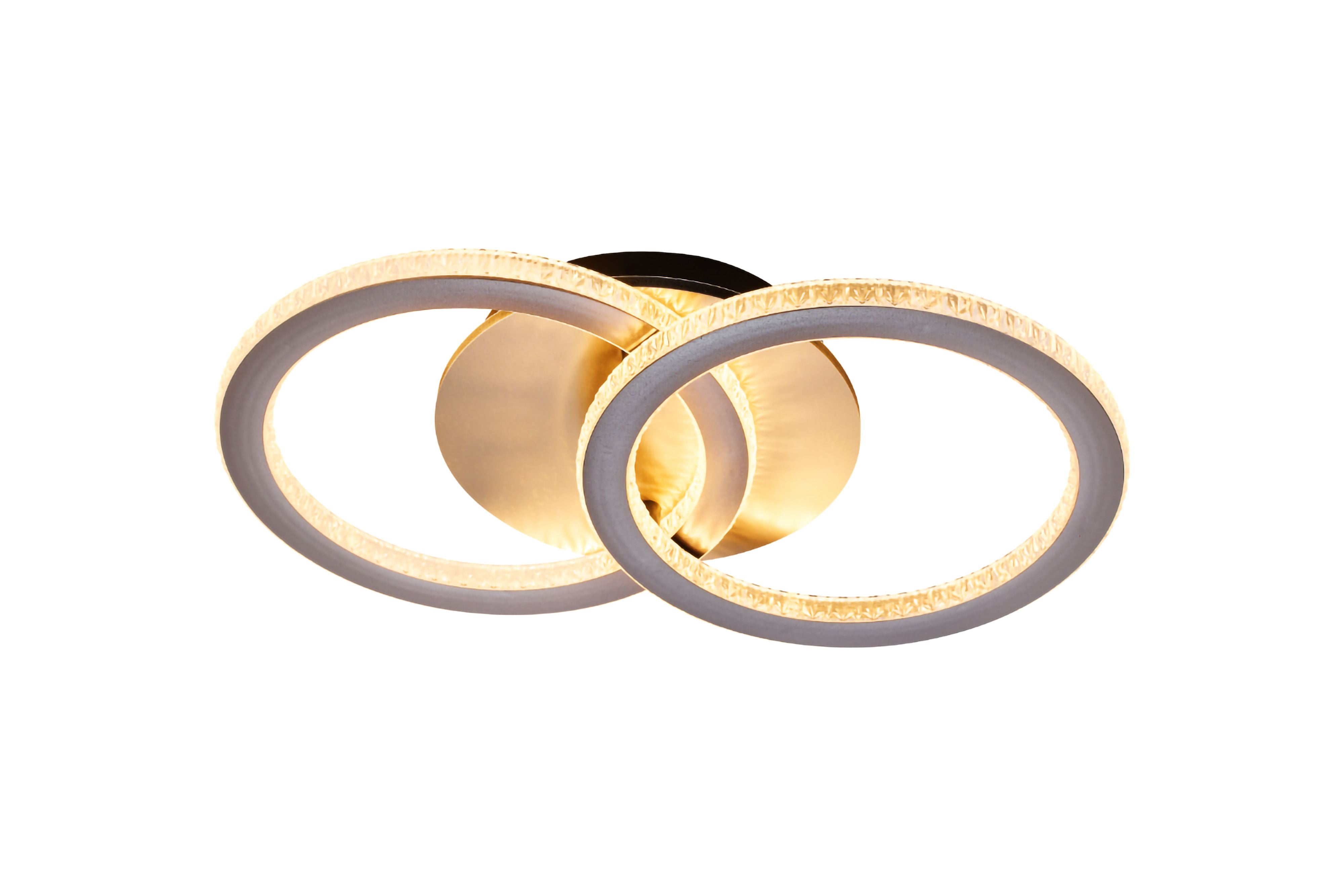 Searchlight Specs LED Flush Double Ring ceiling light in champagne metal, switched on showing two interlocking oval rings glowing warm white against a plain white background