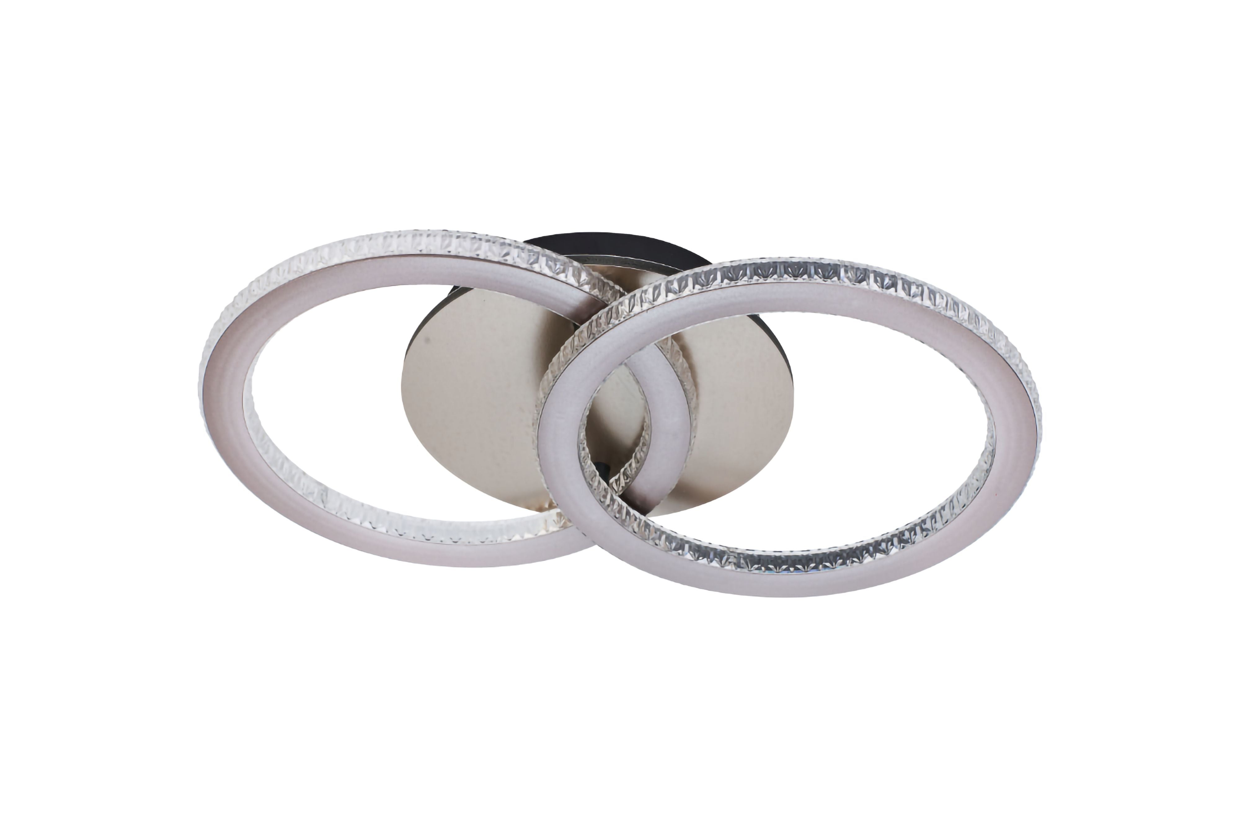Searchlight Specs LED Flush Double Ring ceiling light in champagne metal, side angle view of the two interlocking rings with textured acrylic diffuser edges on a plain white background