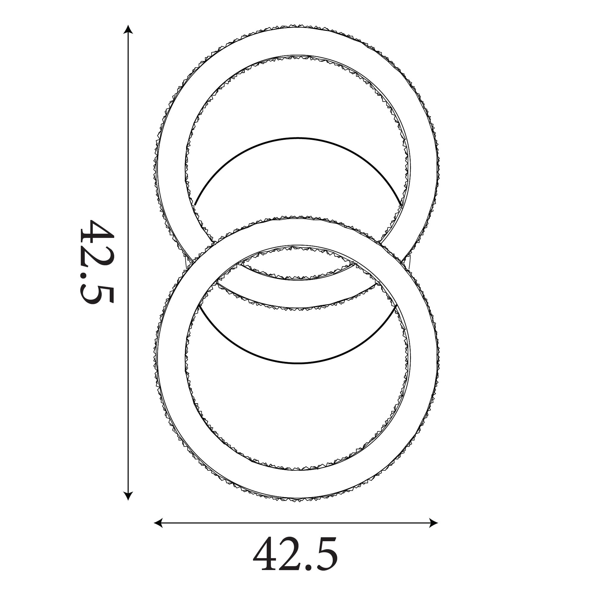 Technical line drawing of the Searchlight Specs LED Flush Double Ring ceiling light showing the double ring design with 42.5cm dimension callouts