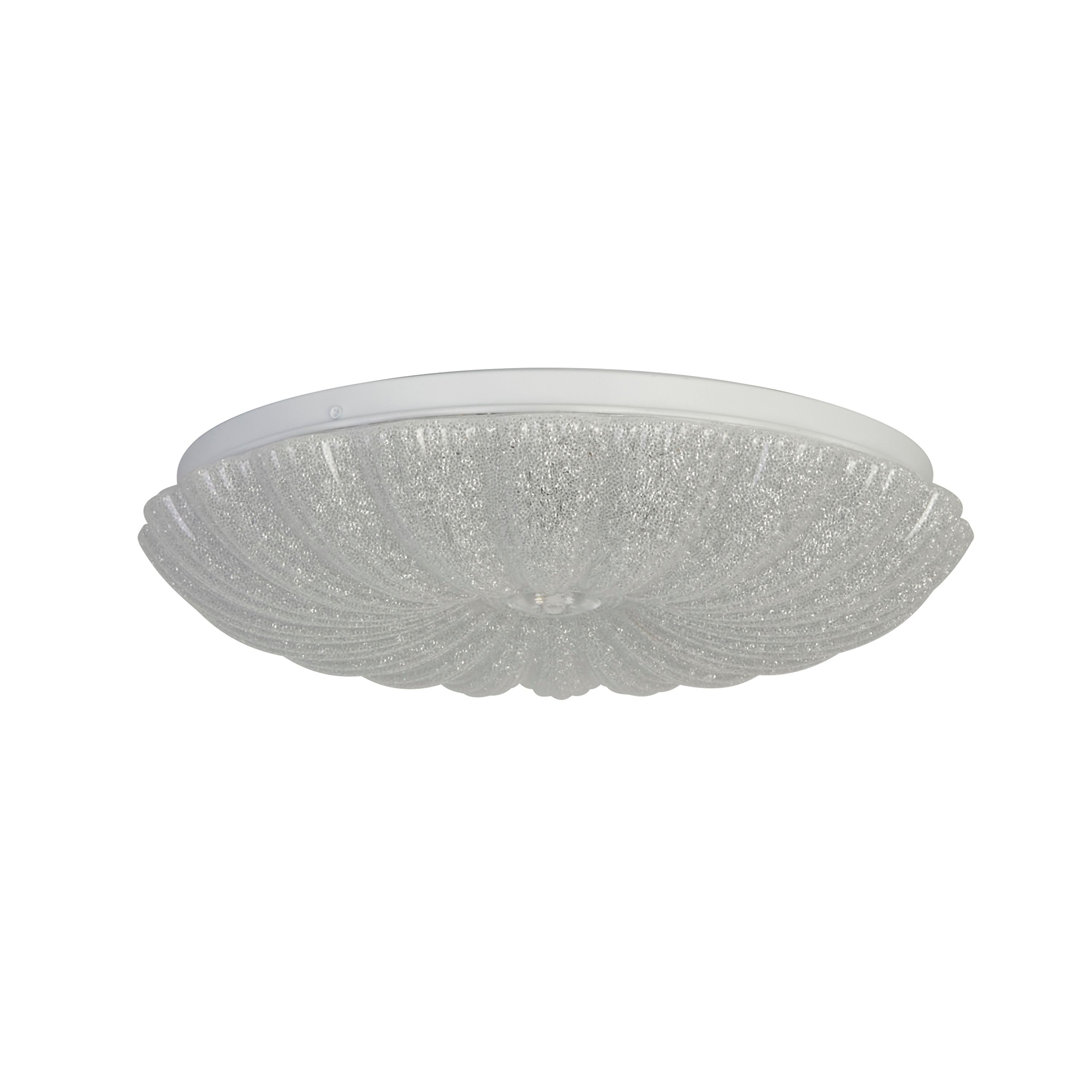 Searchlight Pandora LED flush ceiling light, front on view of the textured acrylic shade catching the light