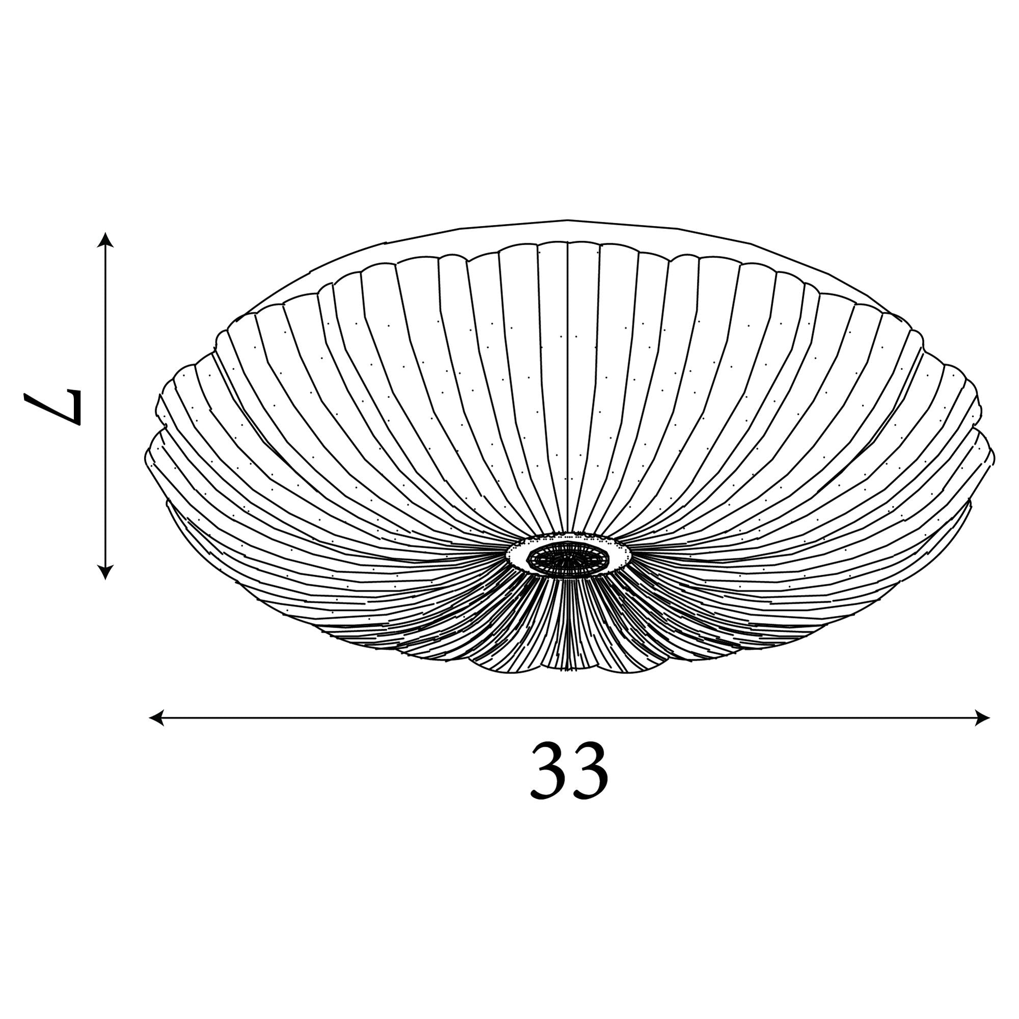 Technical line drawing of the Searchlight Pandora LED flush ceiling light, showing dimensions of 33cm diameter and 7cm height