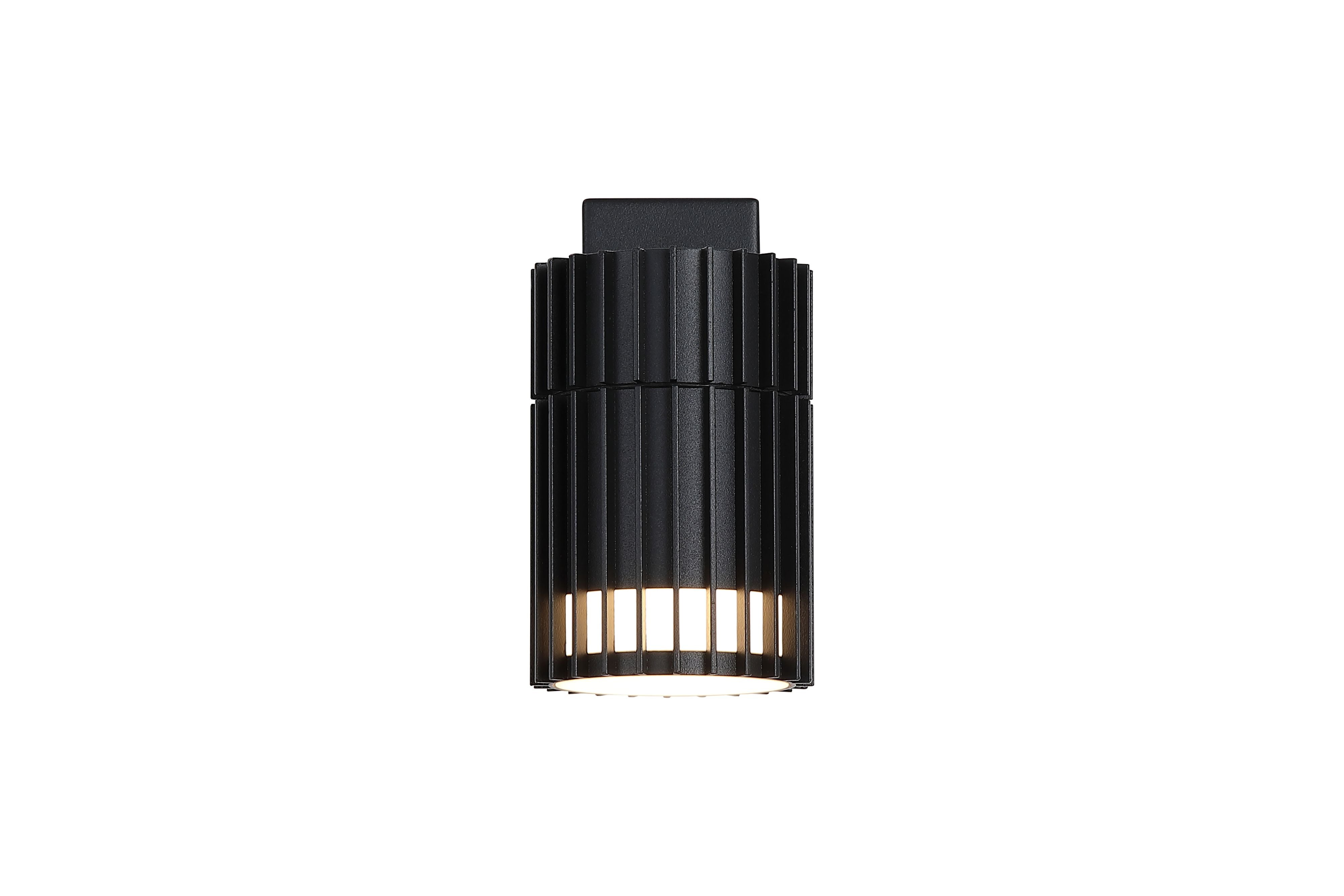 Detroit Outdoor Wall Light in matt black, front view of the finned cylindrical body with light glowing through the lower slats.