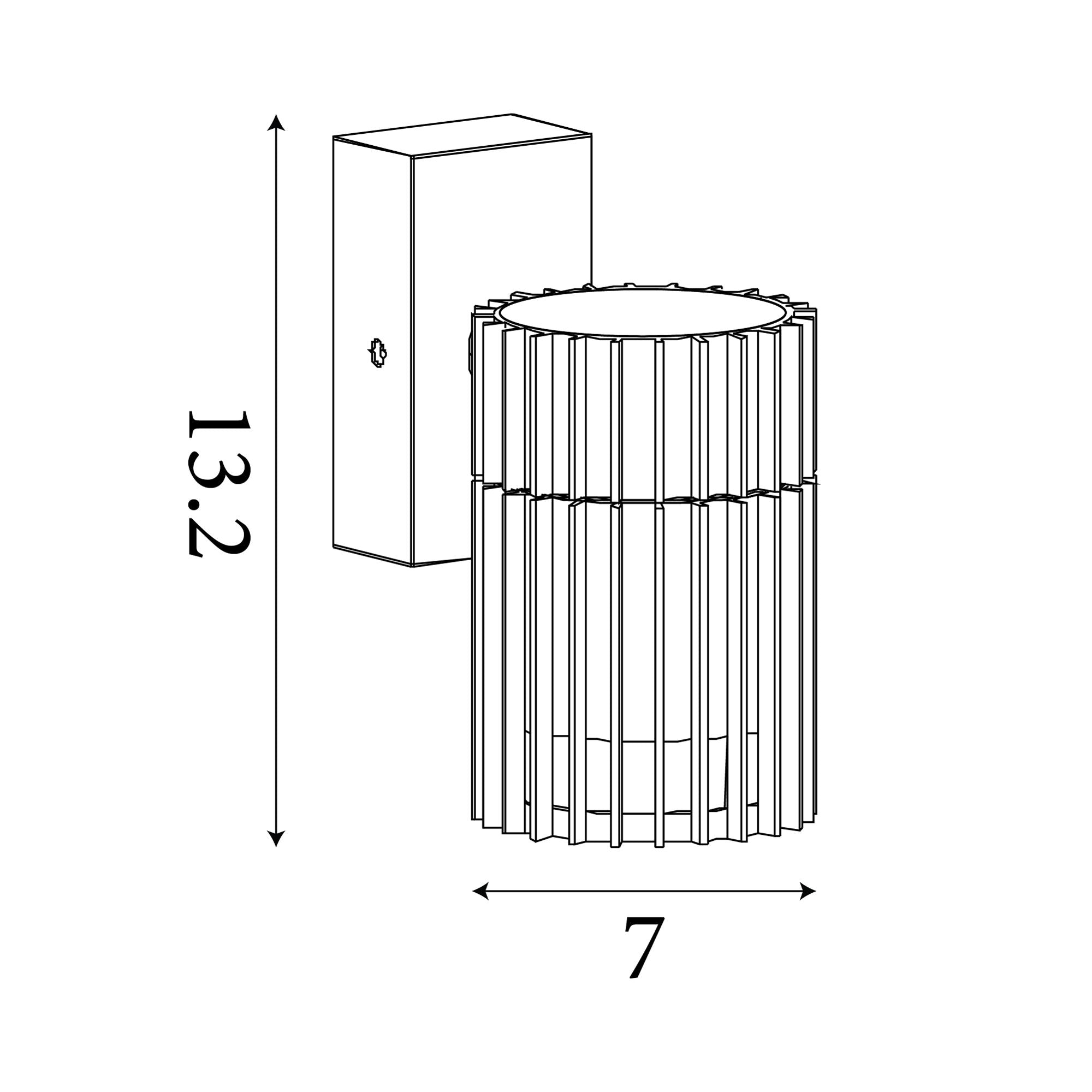 Technical line drawing of the Detroit Outdoor Wall Light showing a height of 13.2cm and width of 7cm.