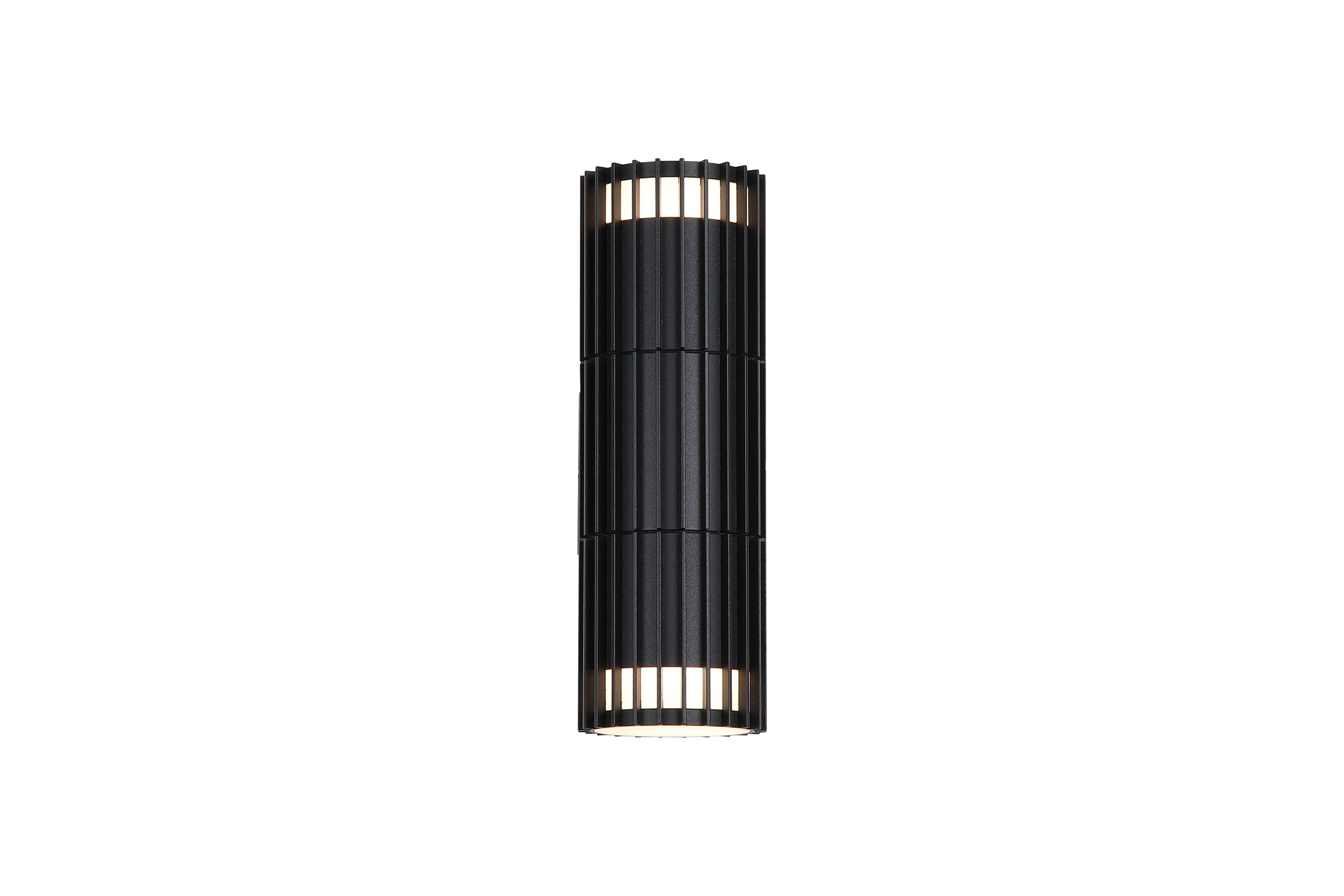 Searchlight Detroit black outdoor wall light, front view on a white background, showing the ribbed fin shade with light glowing through the top and bottom vents