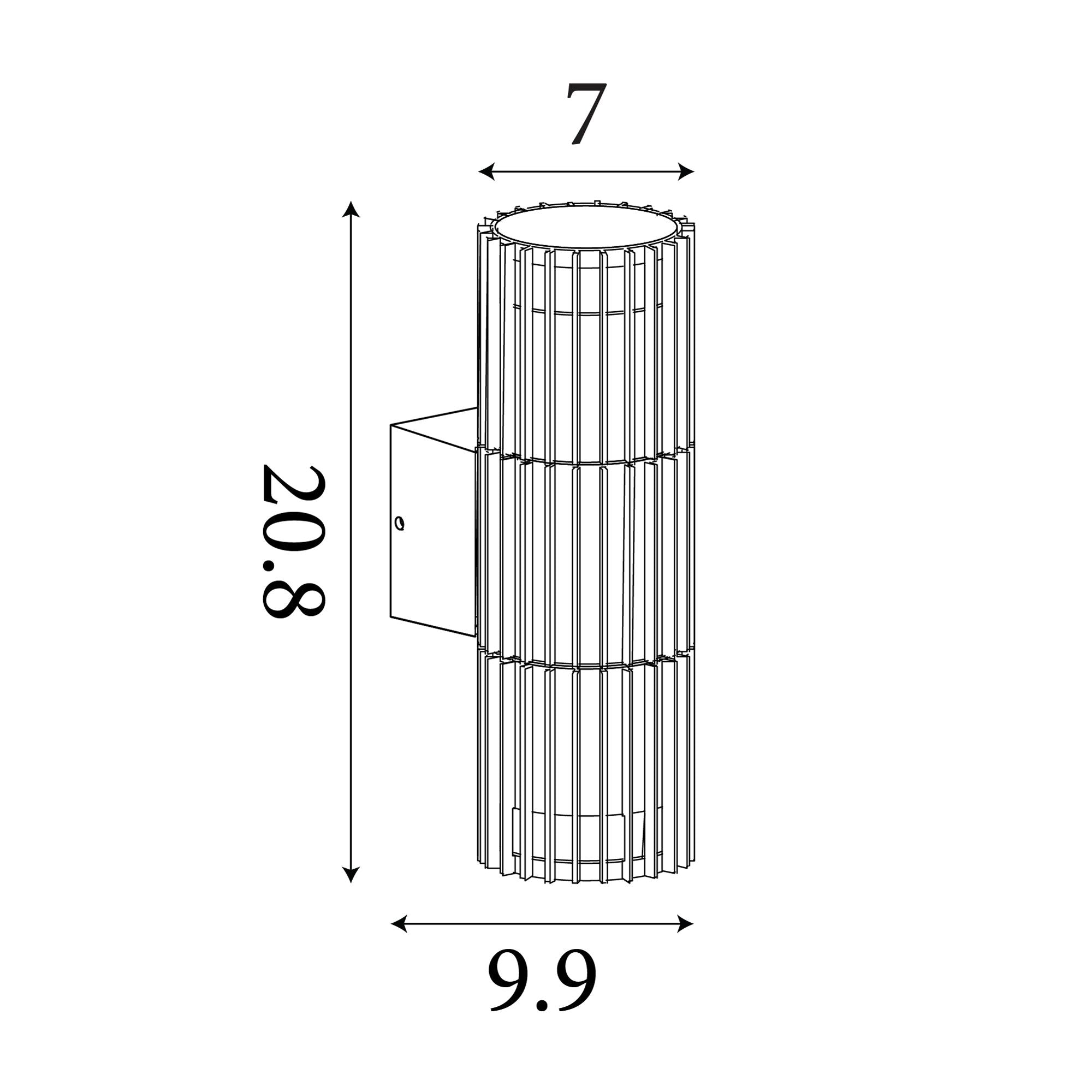 Technical line drawing of the Detroit black wall light showing dimensions of 20.8cm height, 7cm width and 9.9cm projection