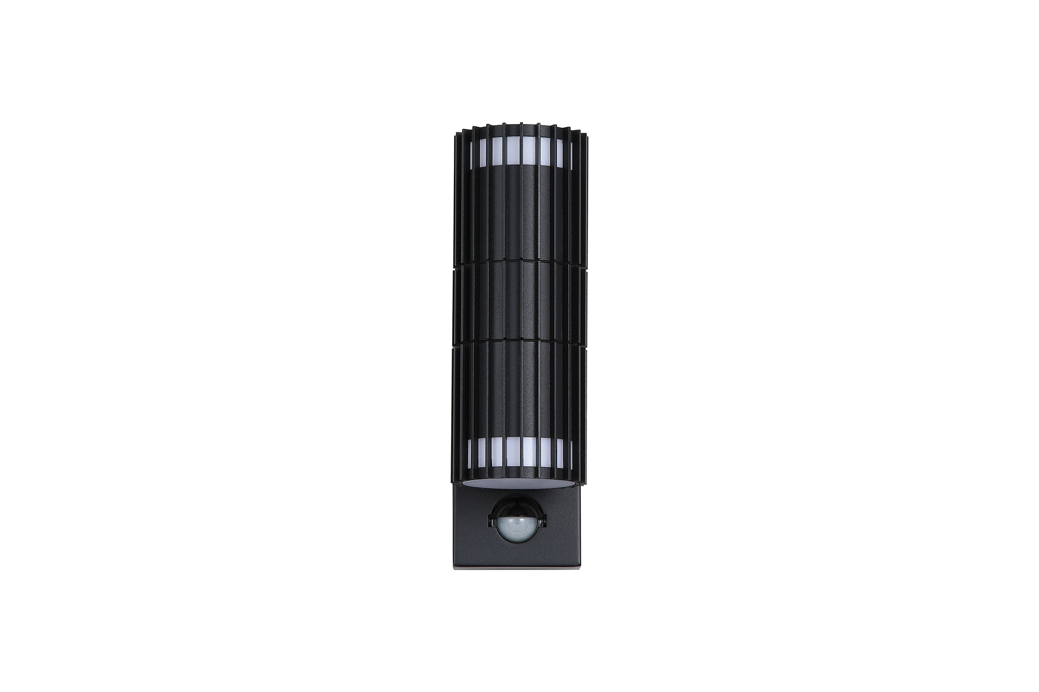 Searchlight Detroit PIR black outdoor wall light, front view on a white background, showing the ribbed fin shade, integrated motion sensor at the base and light glowing through the vents - view 2