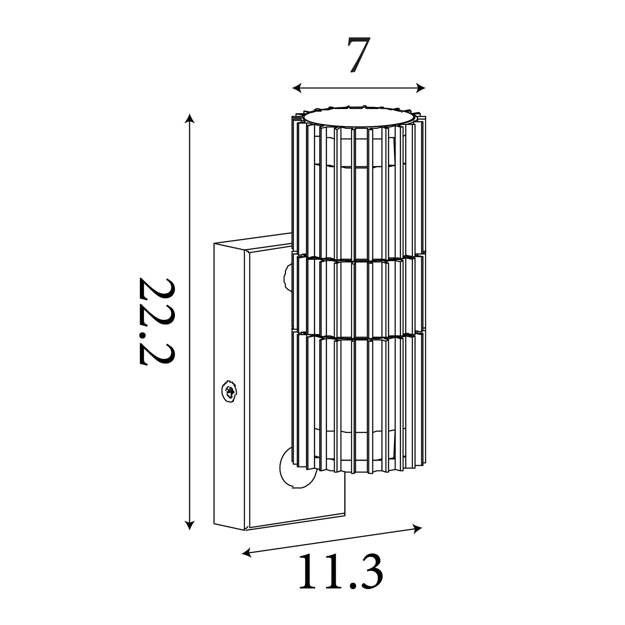 Technical line drawing of the Detroit PIR black wall light showing dimensions of 22.2cm height, 7cm width and 11.3cm projection, with the sensor position marked on the base plate