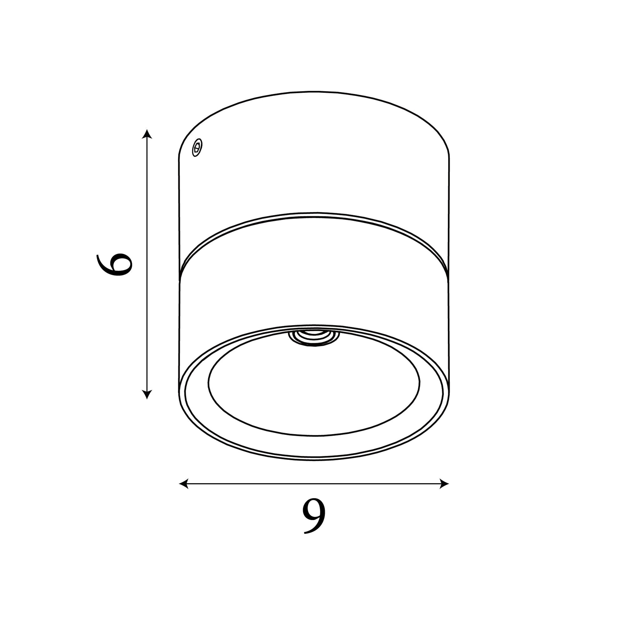 Technical line drawing of the Manhattan spotlight showing dimensions of 6cm height and 9cm diameter