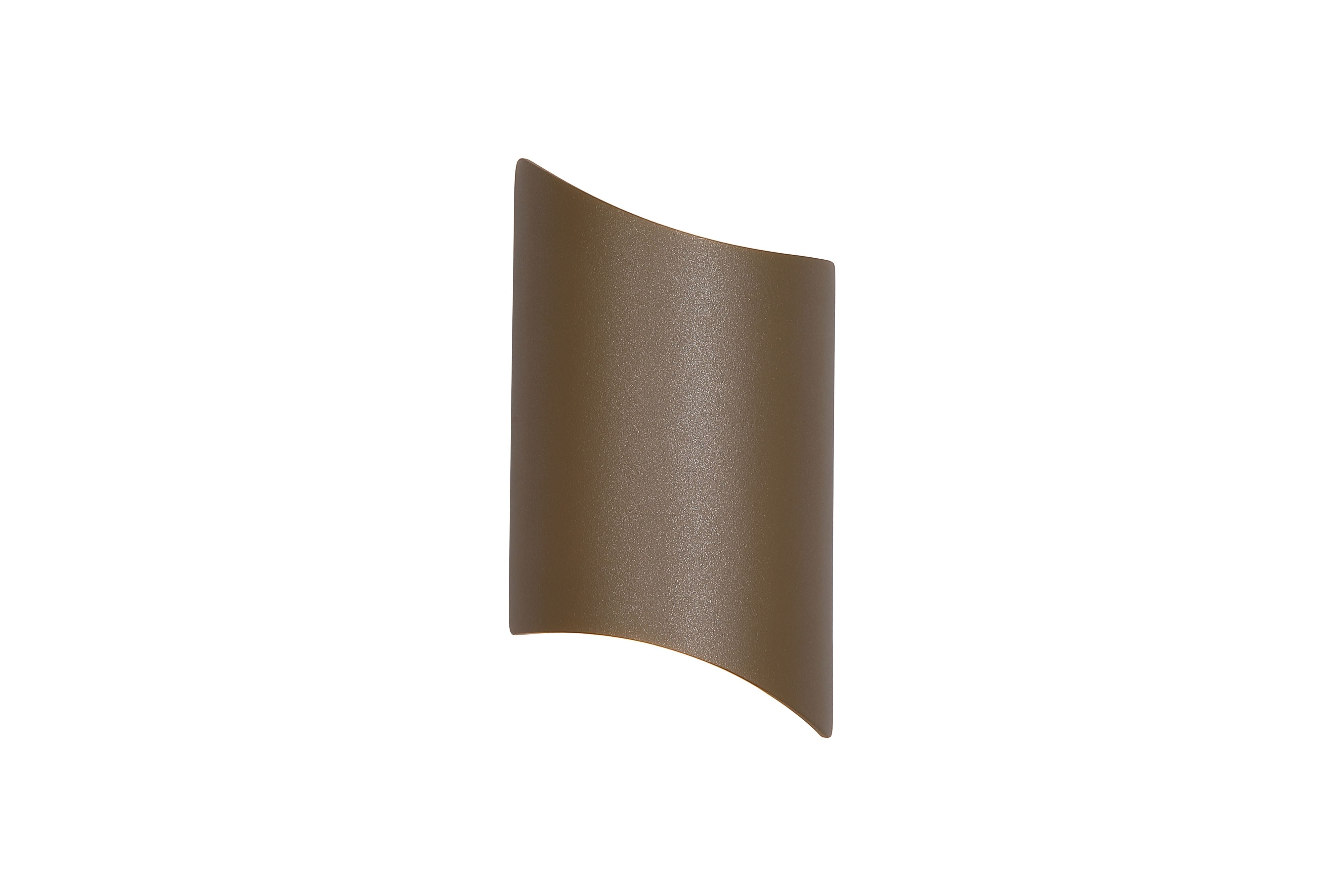 Shard outdoor wall light in gold, angled view of the curved S shaped panel unlit, studio shot on a white background