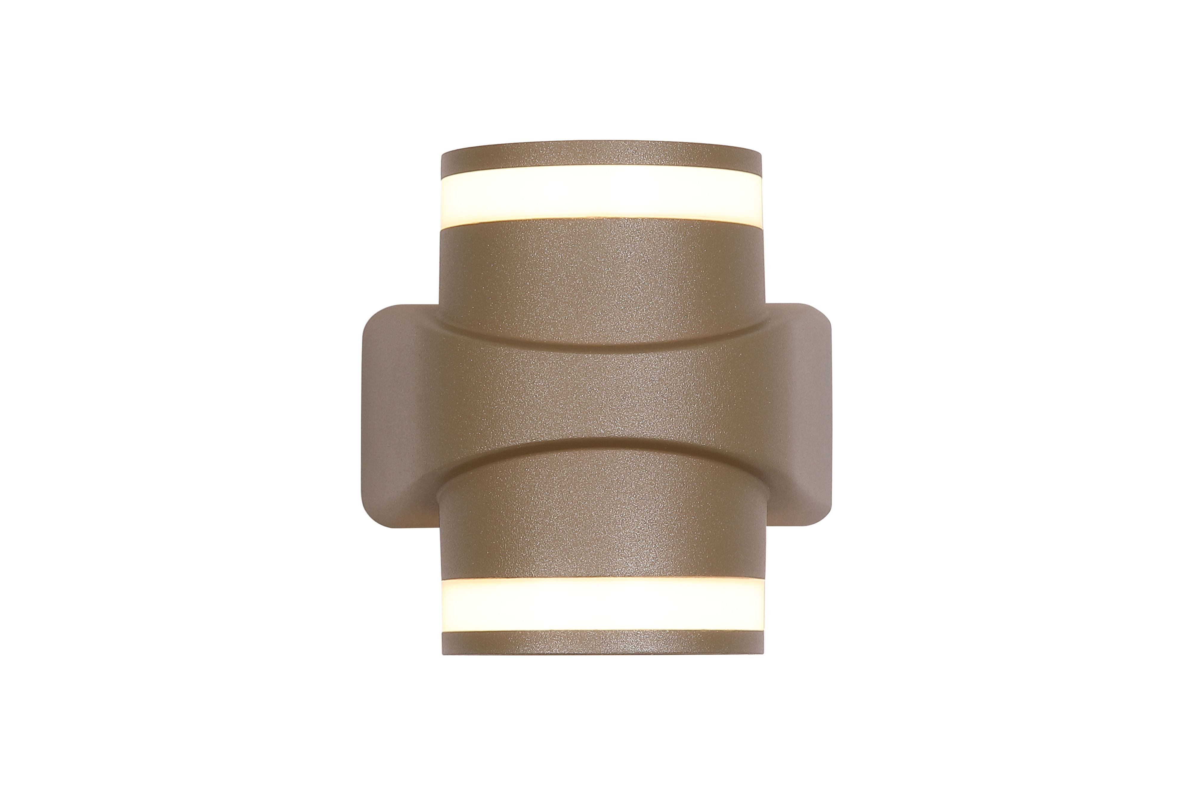 Grip LED outdoor wall light in gold, front view of the cylindrical fixture lit with light bands at the top and bottom, studio shot on a white background