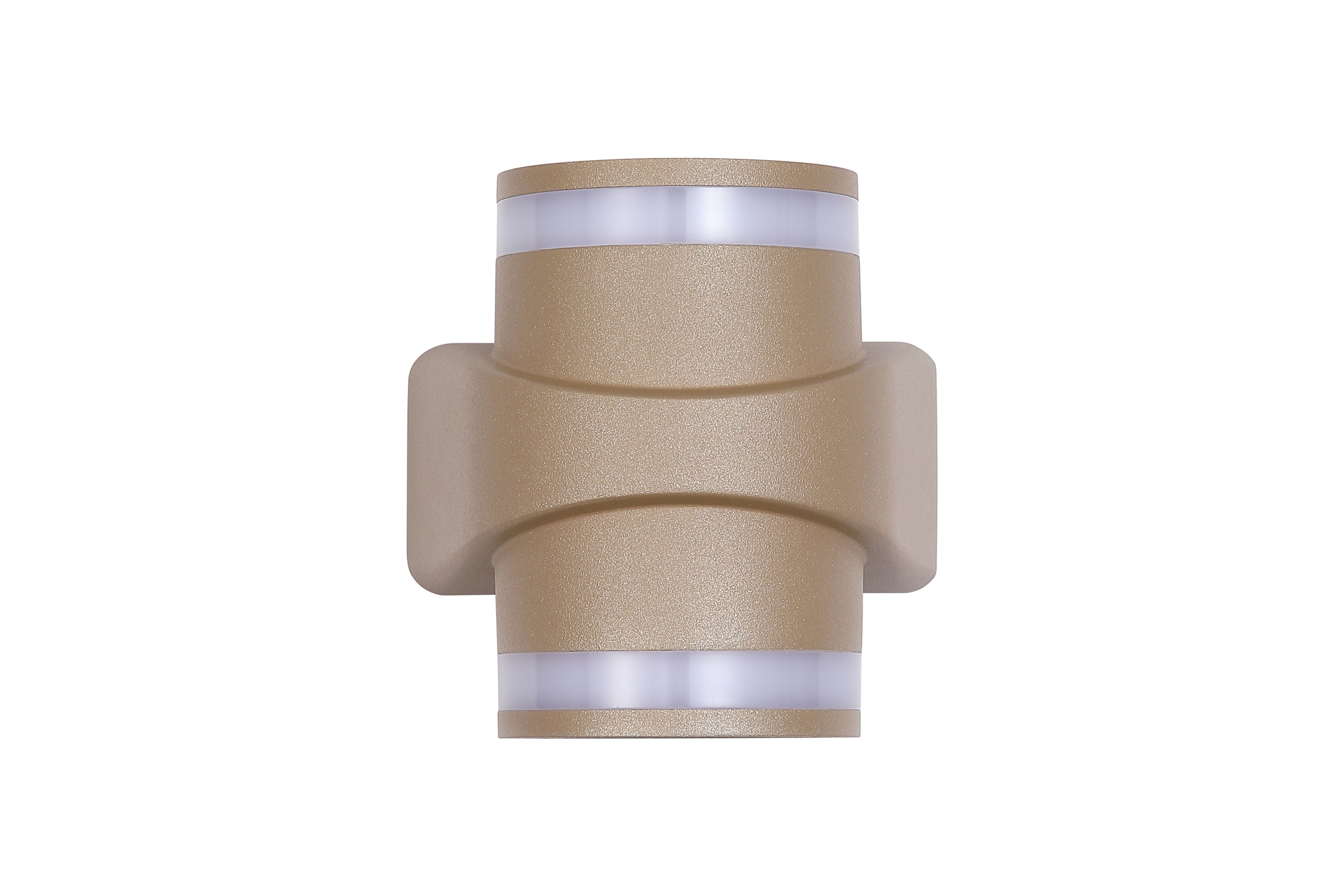 Grip LED outdoor wall light in a brighter gold tone, front view lit, studio shot on a white background